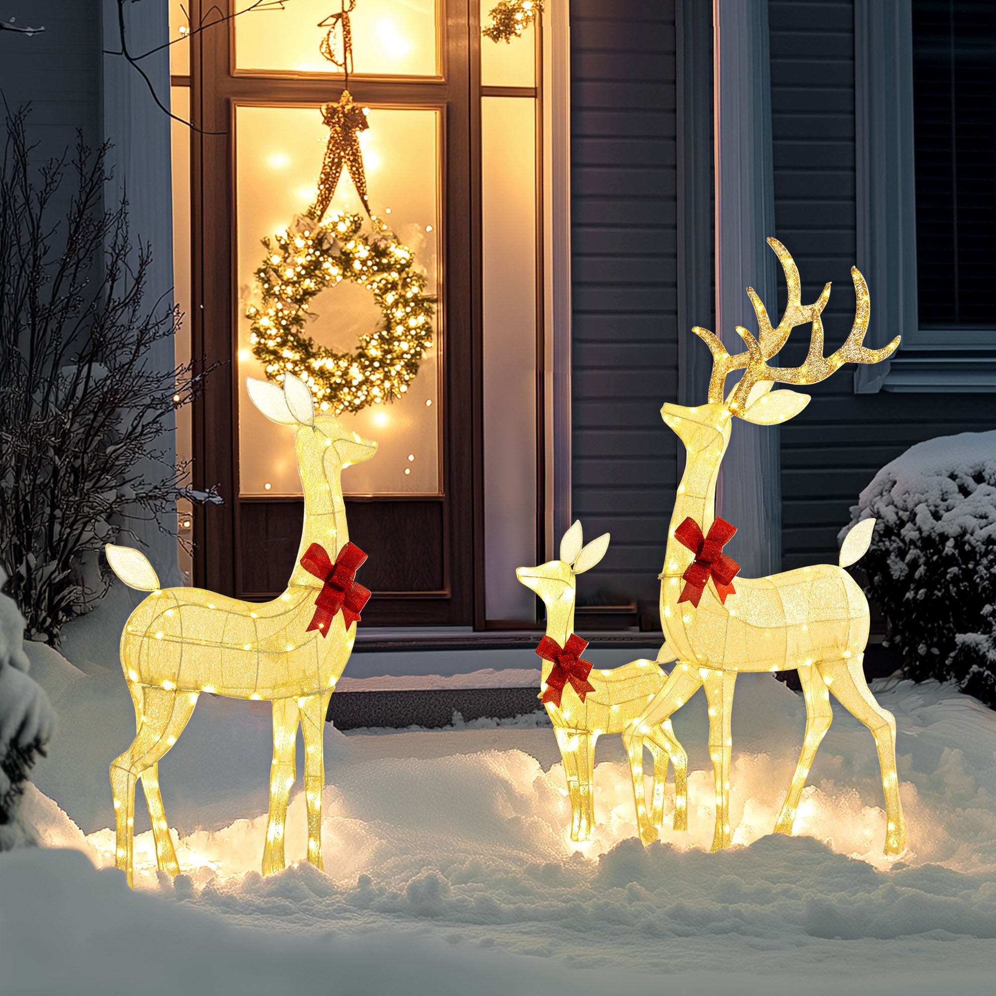 3-Piece Silver Light Up Christmas Deer Family Set of 3, with 2 LED Light Modes, Stakes, Zip Ties  Silver