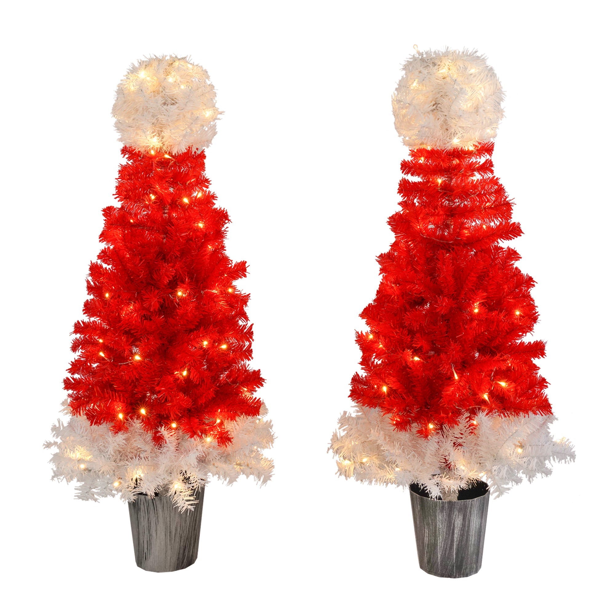 Lighted  Santa Hat Style Christmas Tree Set of 2, 4ft Artificial Tree with Warm White Lights