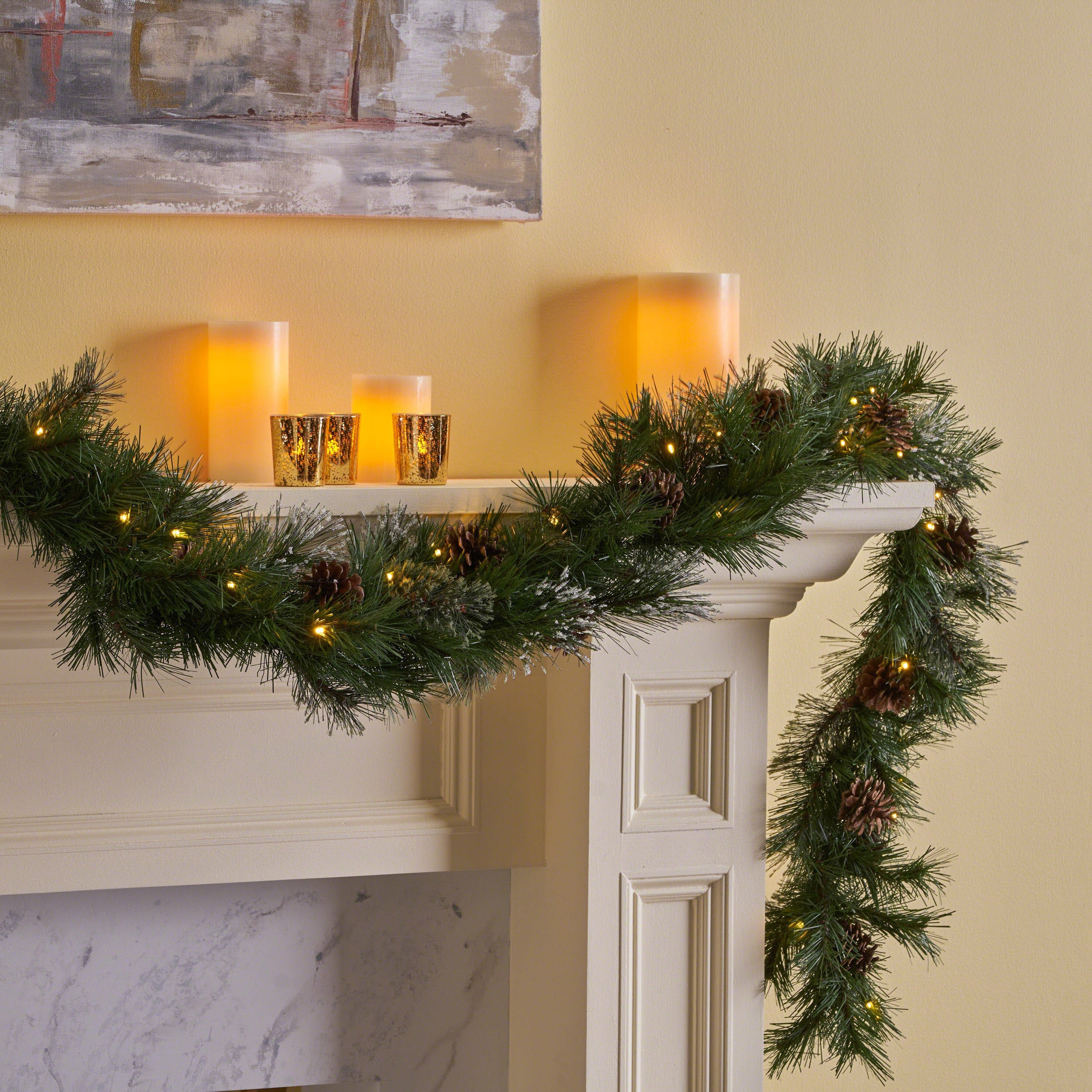 2-packed 9'X10'' Cashmere and Snow Bristle Garland with 20 Pine Cones and with 50 Warm White LED Lights