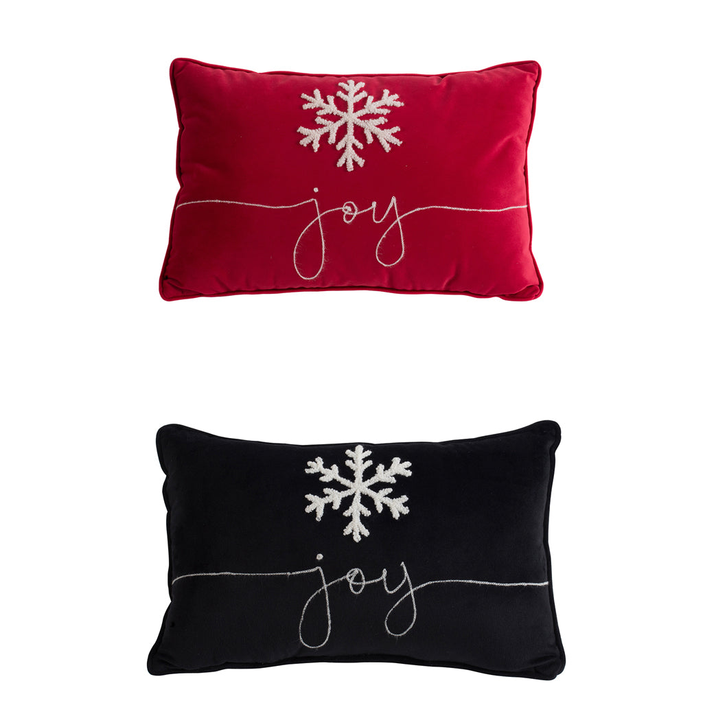 Black and Red Velvet Pillow With Embroidered Joy And Frosty Snowflake Set of 2, 18x12"