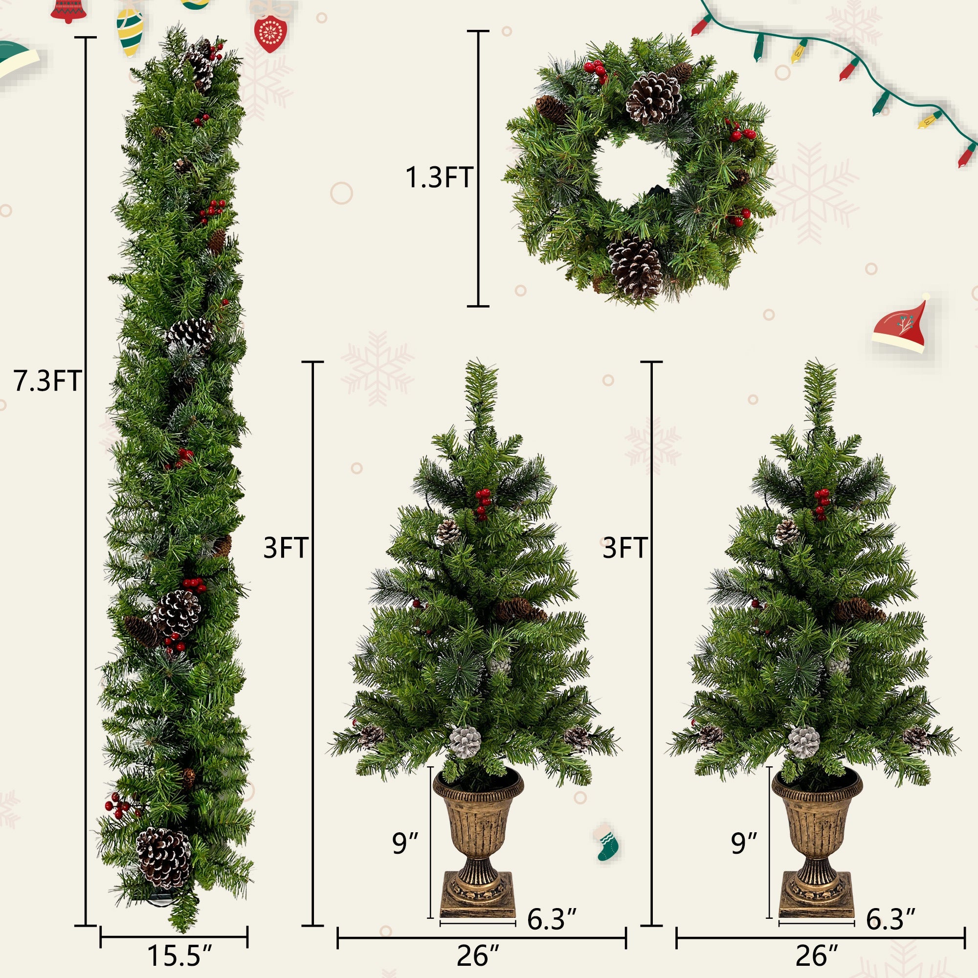 Pre-lit Xmas Tree Artificial Christmas 4-Piece Set,Garland, Wreath and Set of 2