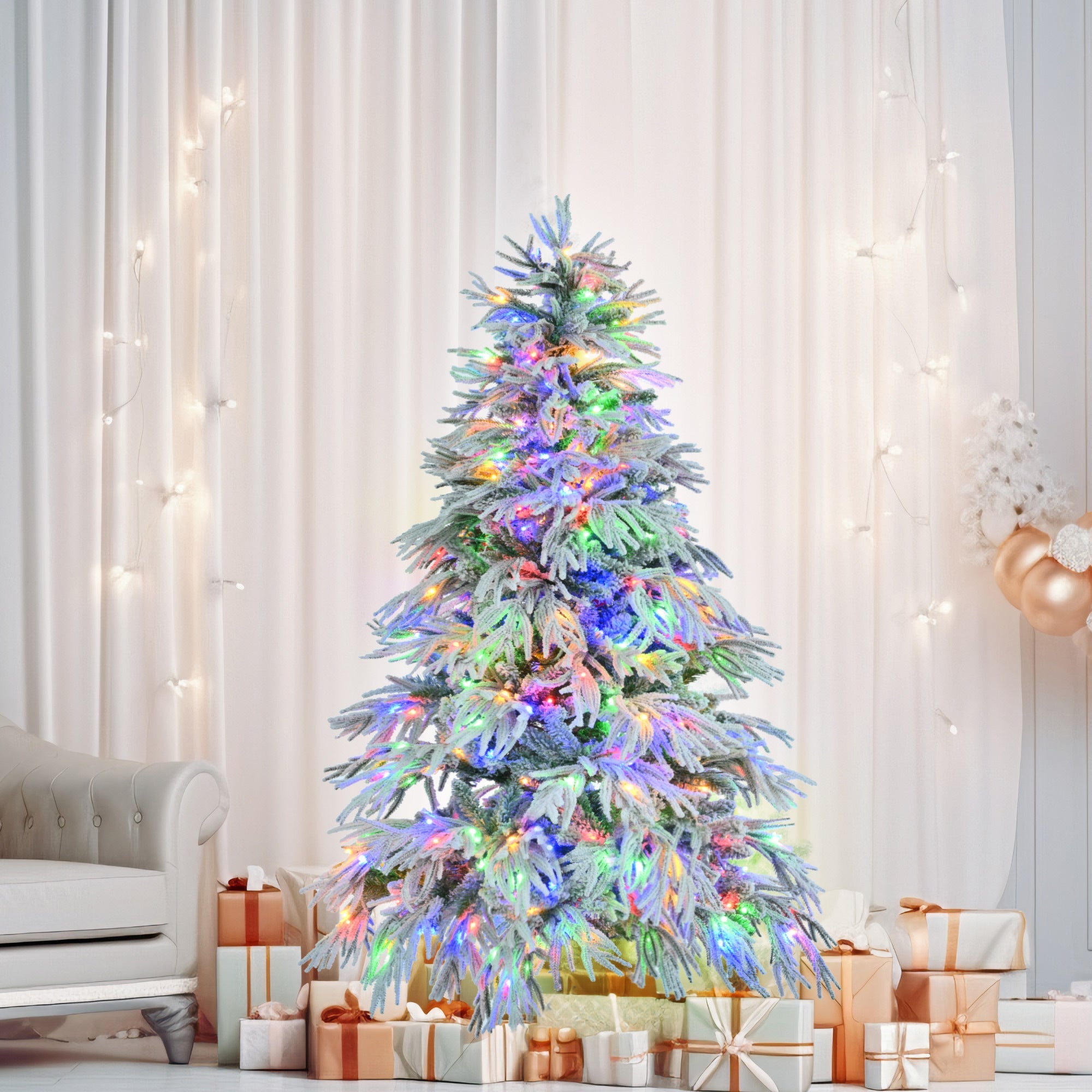 6FT Pre-Lit Spruce Snow Flocked Christmas Tree, Artificial Hinged Xmas Tree with 300 Multi-Color LED Lights