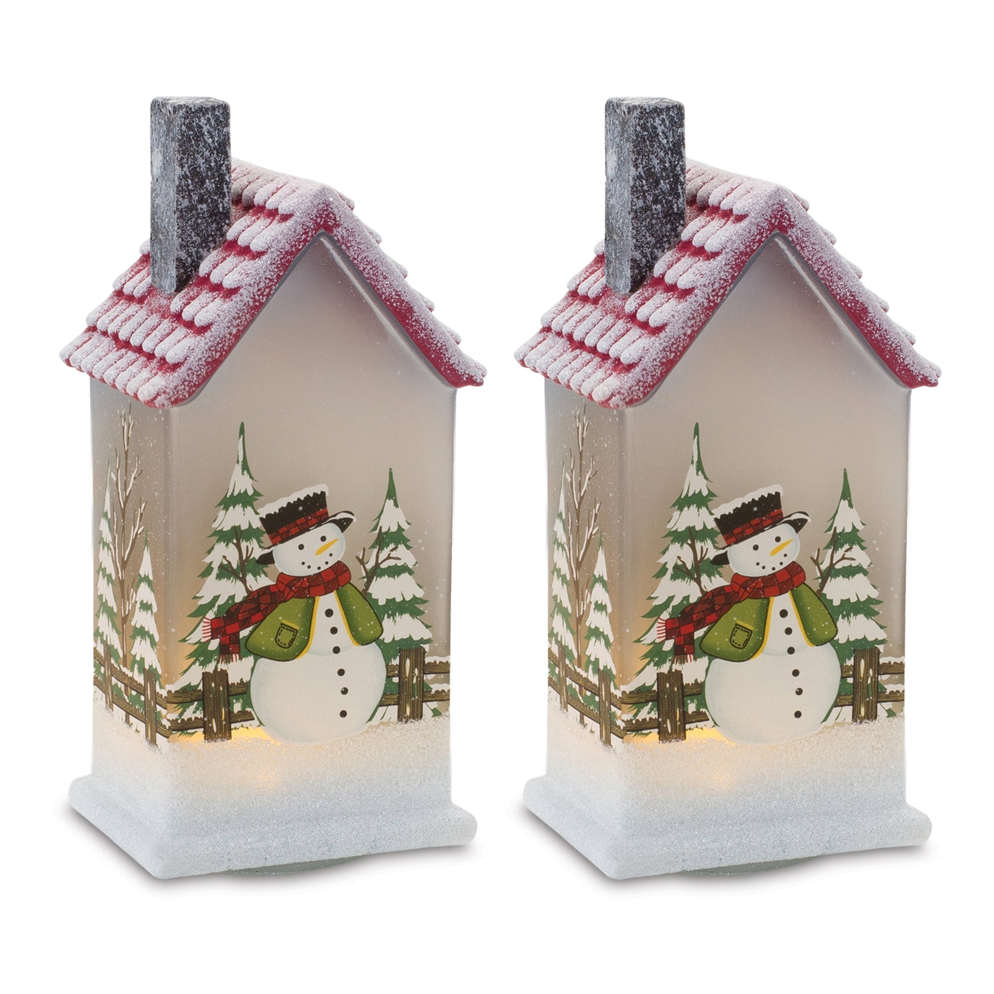 9" LED Lighted House with Snowman (Set of 2)