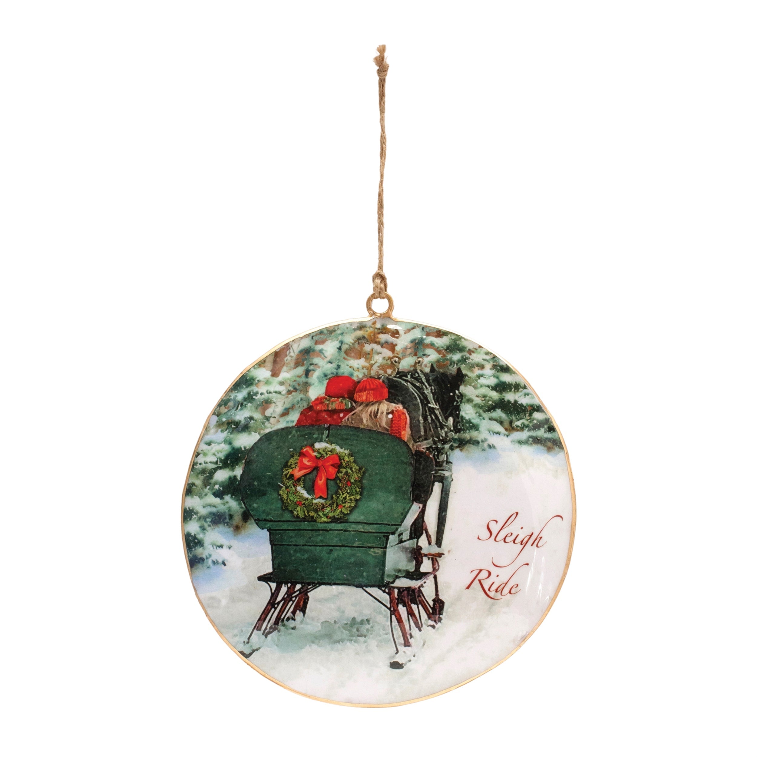 Metal Couple Sleigh Ride Disc Ornament (Set of 6)