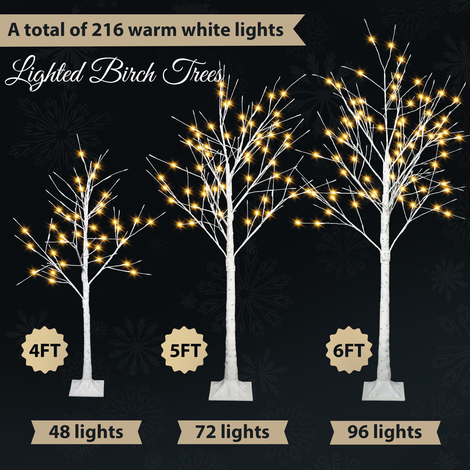 Pre-lit Birch Tree Set of 3- 4FT 48 LED/5FT 72 LED/6FT 96 LED