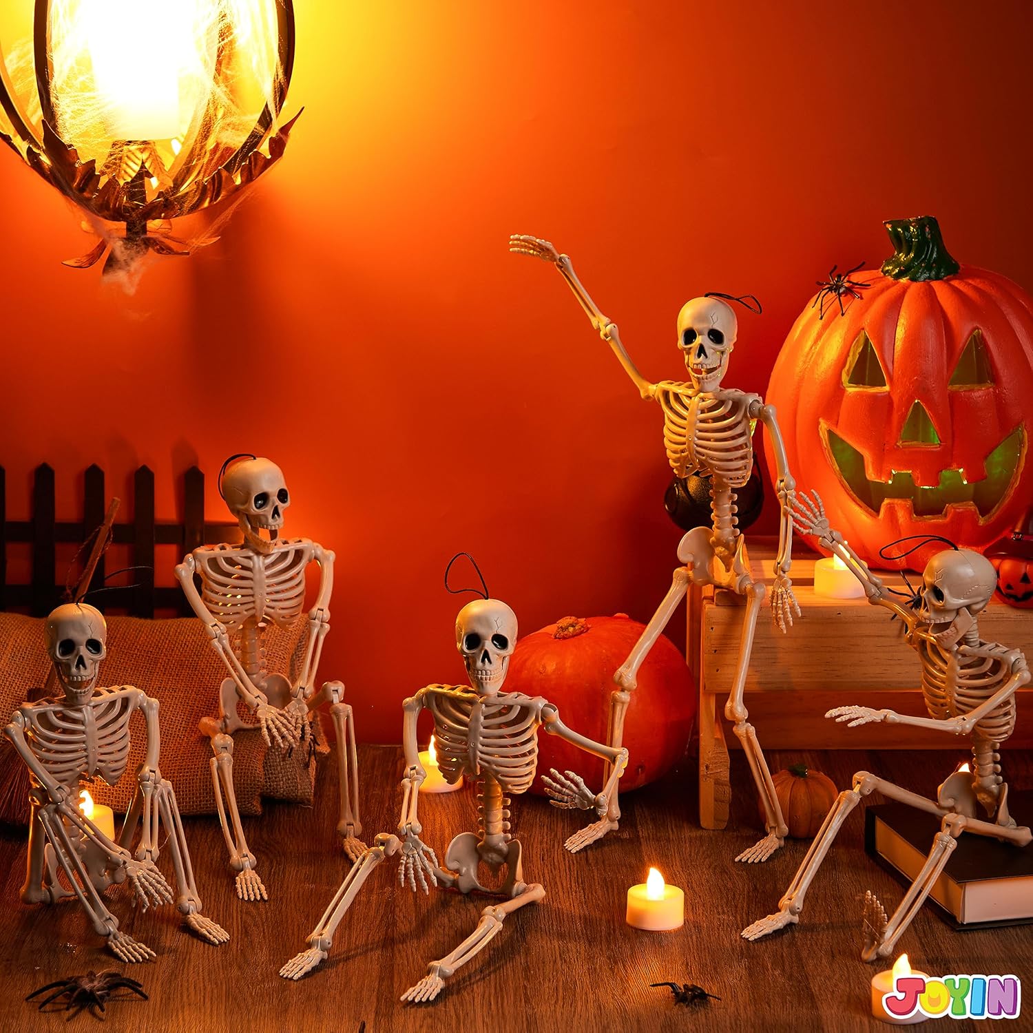 JOYIN 5 PCS Posable Halloween Skeletons 16 Inches Full Body Posable Joints Hanging Skeletons for Graveyard Decorations, Haunted House Accessories, Spooky Scene Party Favors