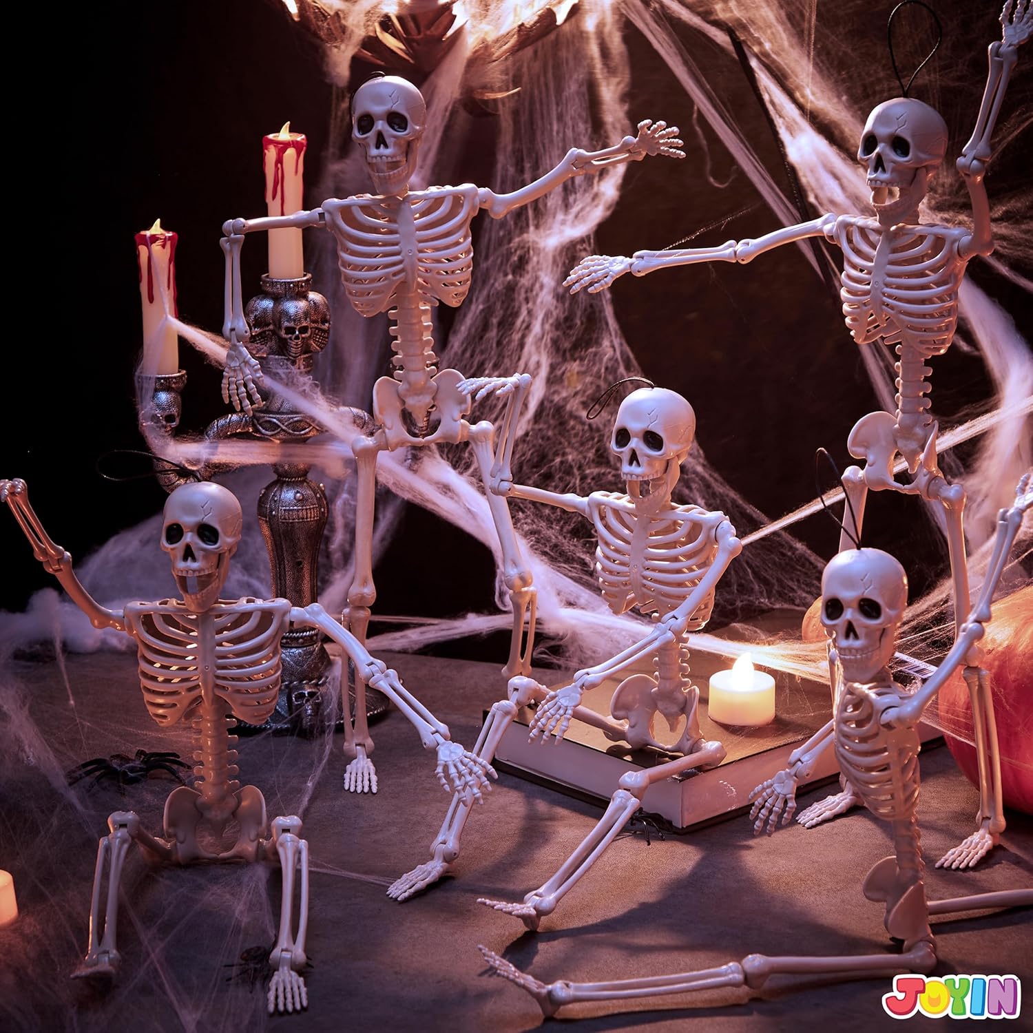 JOYIN 5 PCS Posable Halloween Skeletons 16 Inches Full Body Posable Joints Hanging Skeletons for Graveyard Decorations, Haunted House Accessories, Spooky Scene Party Favors