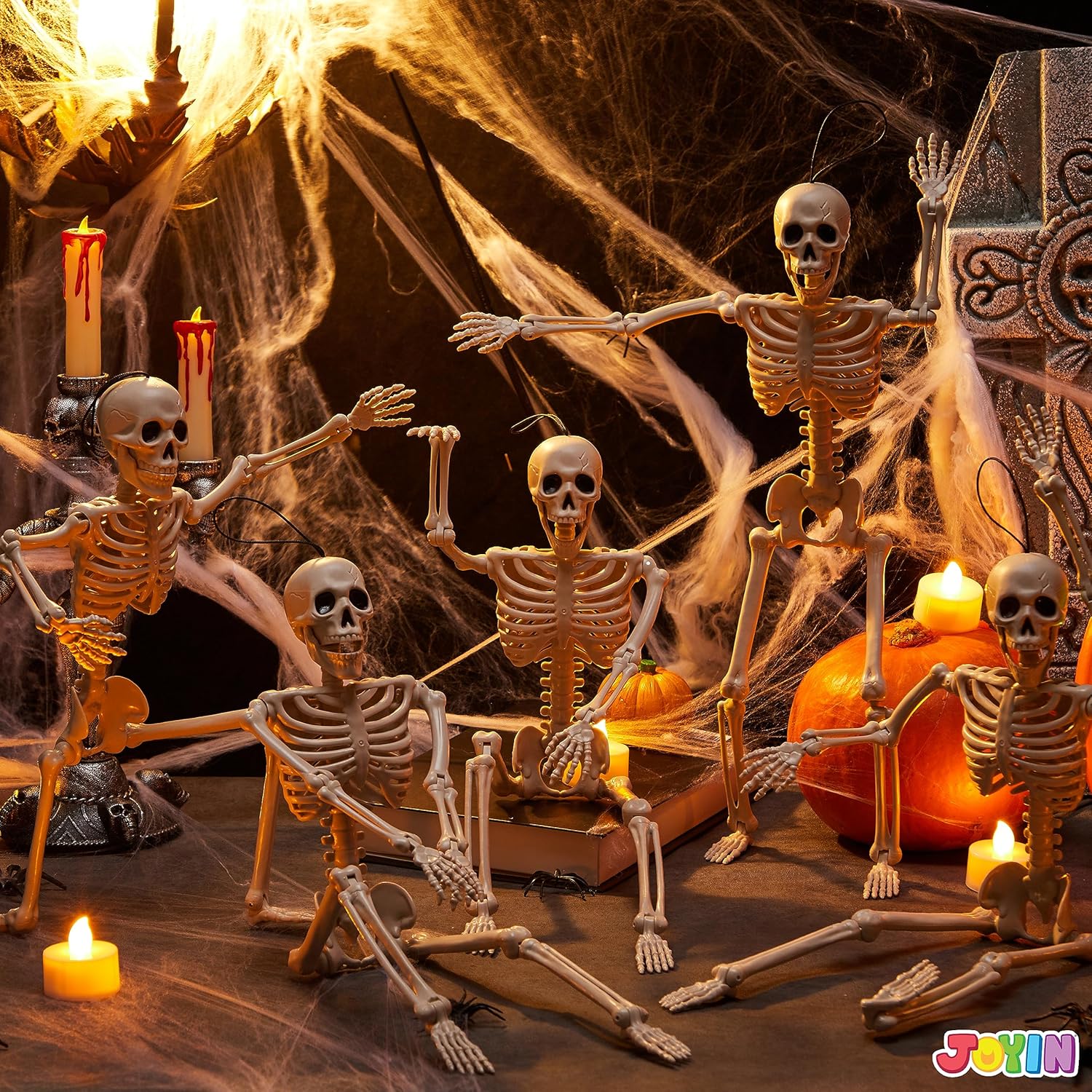 JOYIN 5 PCS Posable Halloween Skeletons 16 Inches Full Body Posable Joints Hanging Skeletons for Graveyard Decorations, Haunted House Accessories, Spooky Scene Party Favors