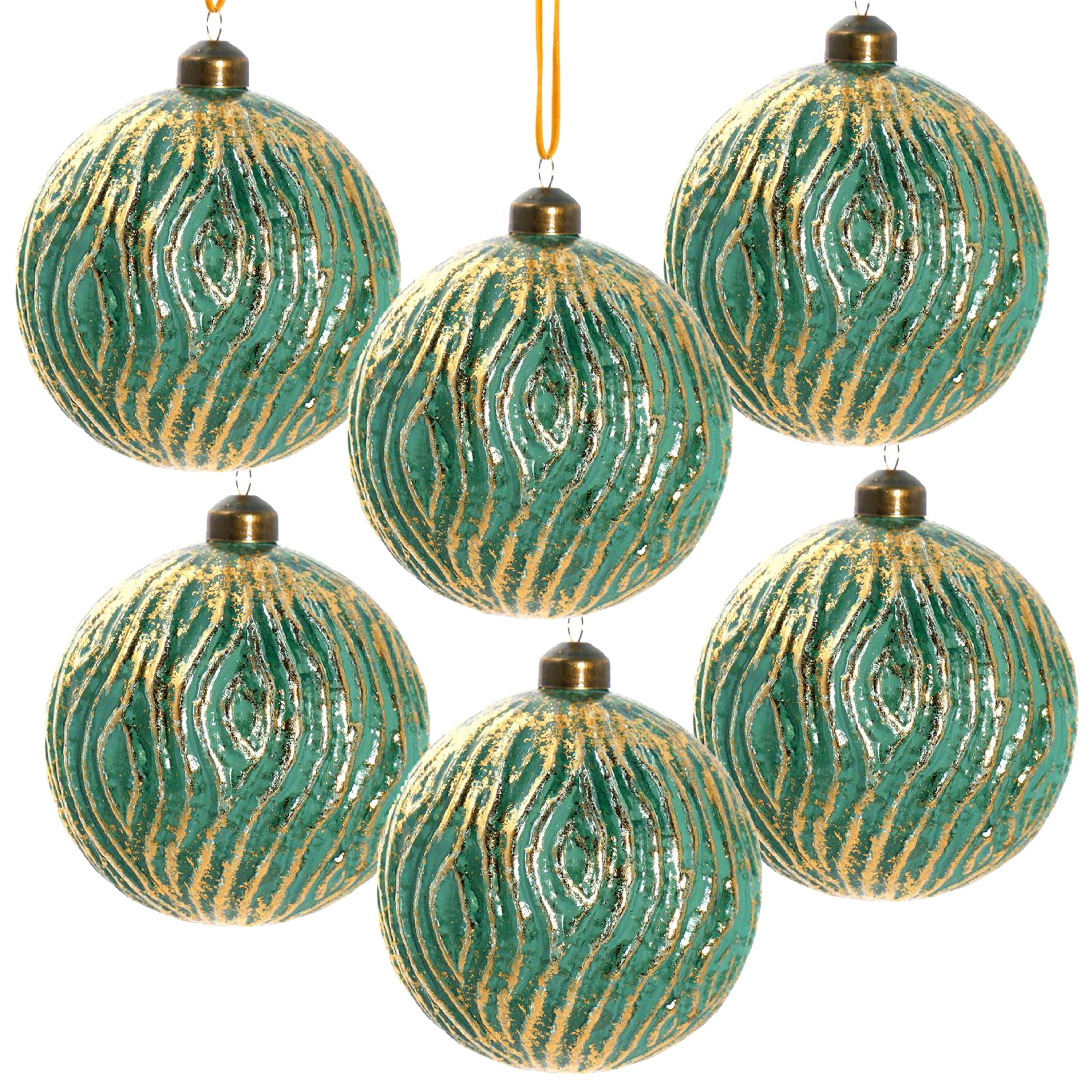 Green with Glitter Glass Decorative Hanging Ball Christmas Tree Ornaments, Set of 6