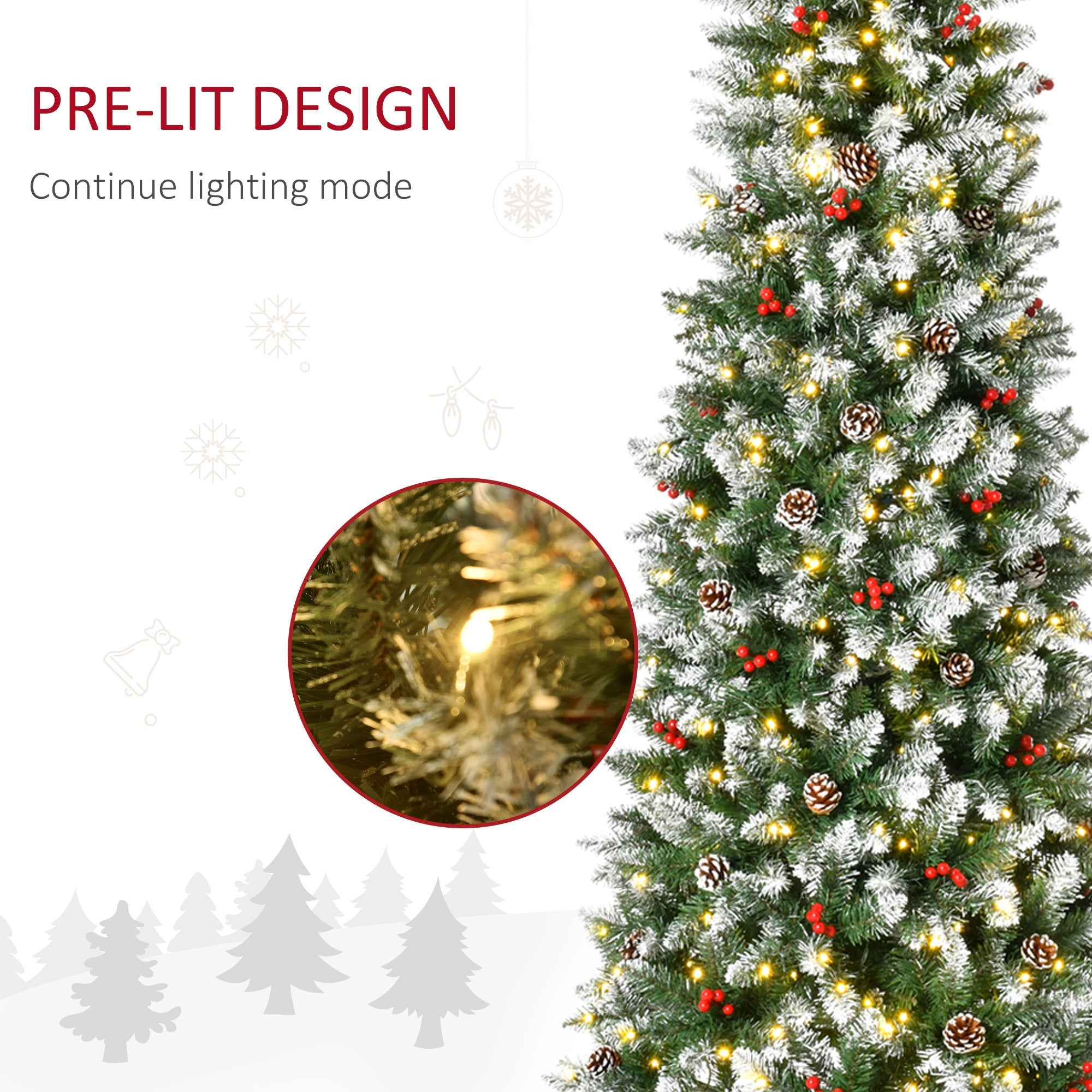 7.5ft Pre-Lit Snow-Dipped  Christmas Tree, Pine Cones, Red Berries