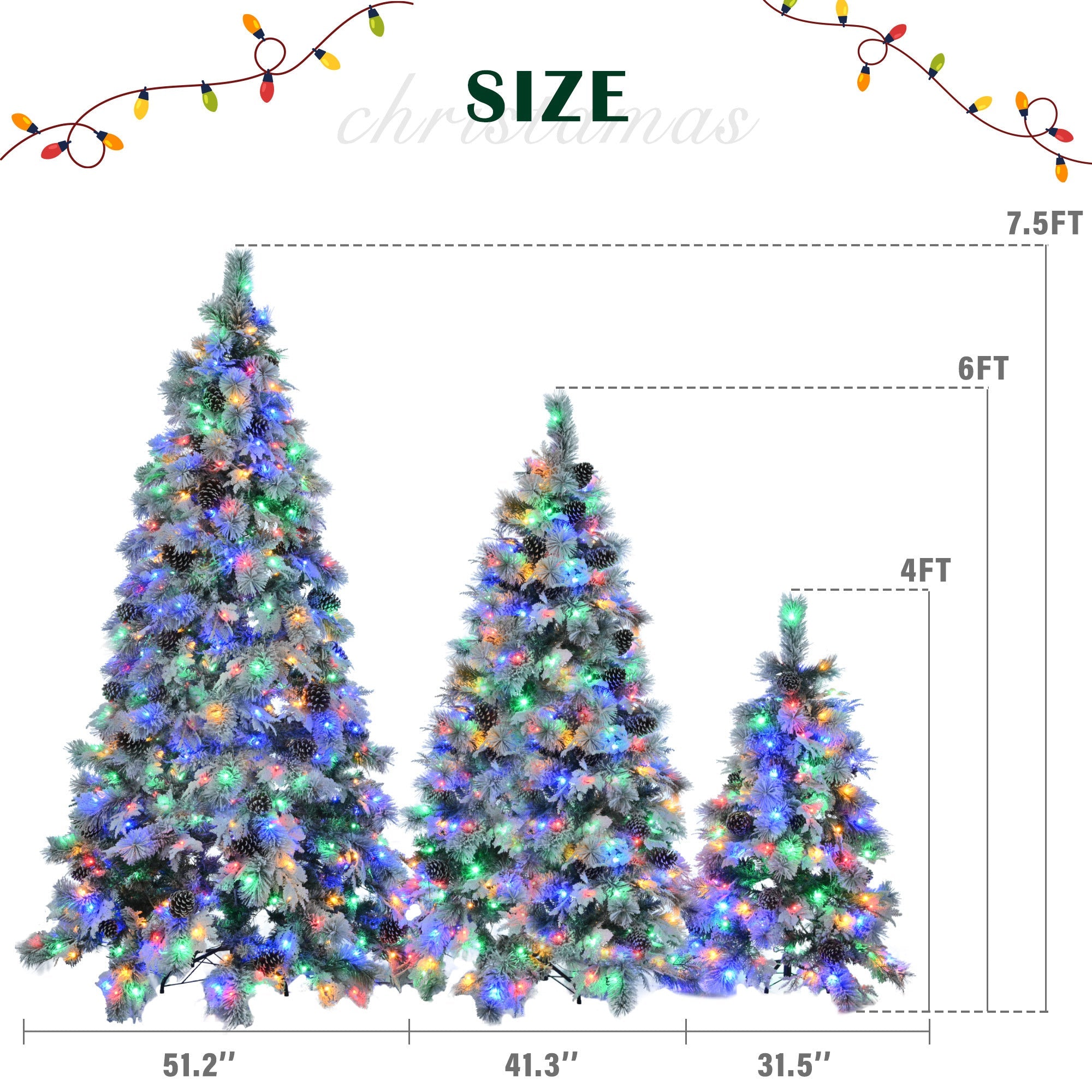 Pre-Lit Spruce Snow Flocked Xmas Tree Set - 4FT, 6FT, 7.5FT with Pine Cones- Set of 3