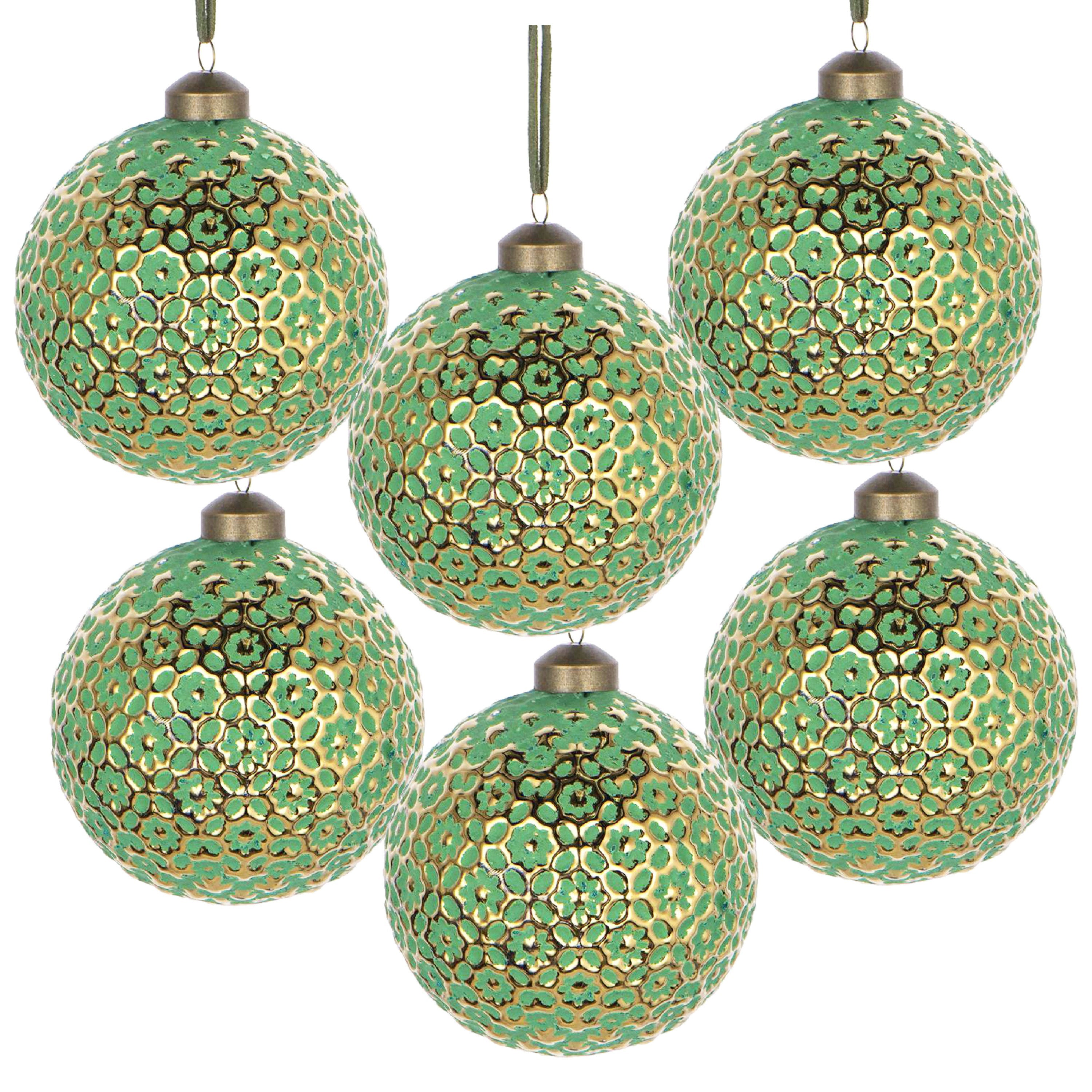 Green with Gold Christmas Ball Ornaments, Set of 6