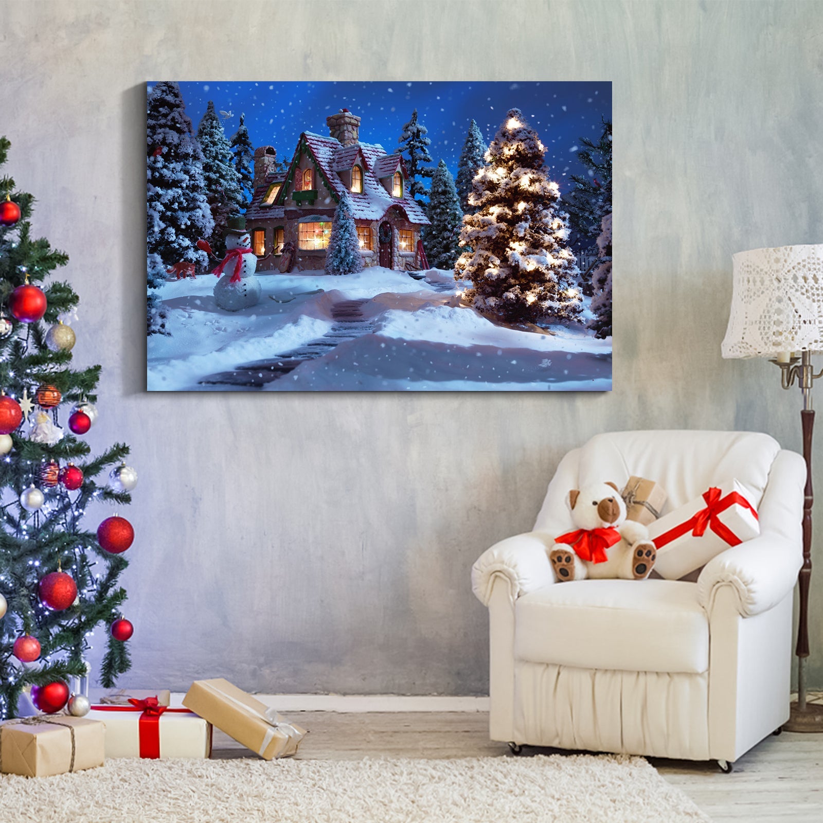 Framed Canvas Wall , Christmas Tree in Forest