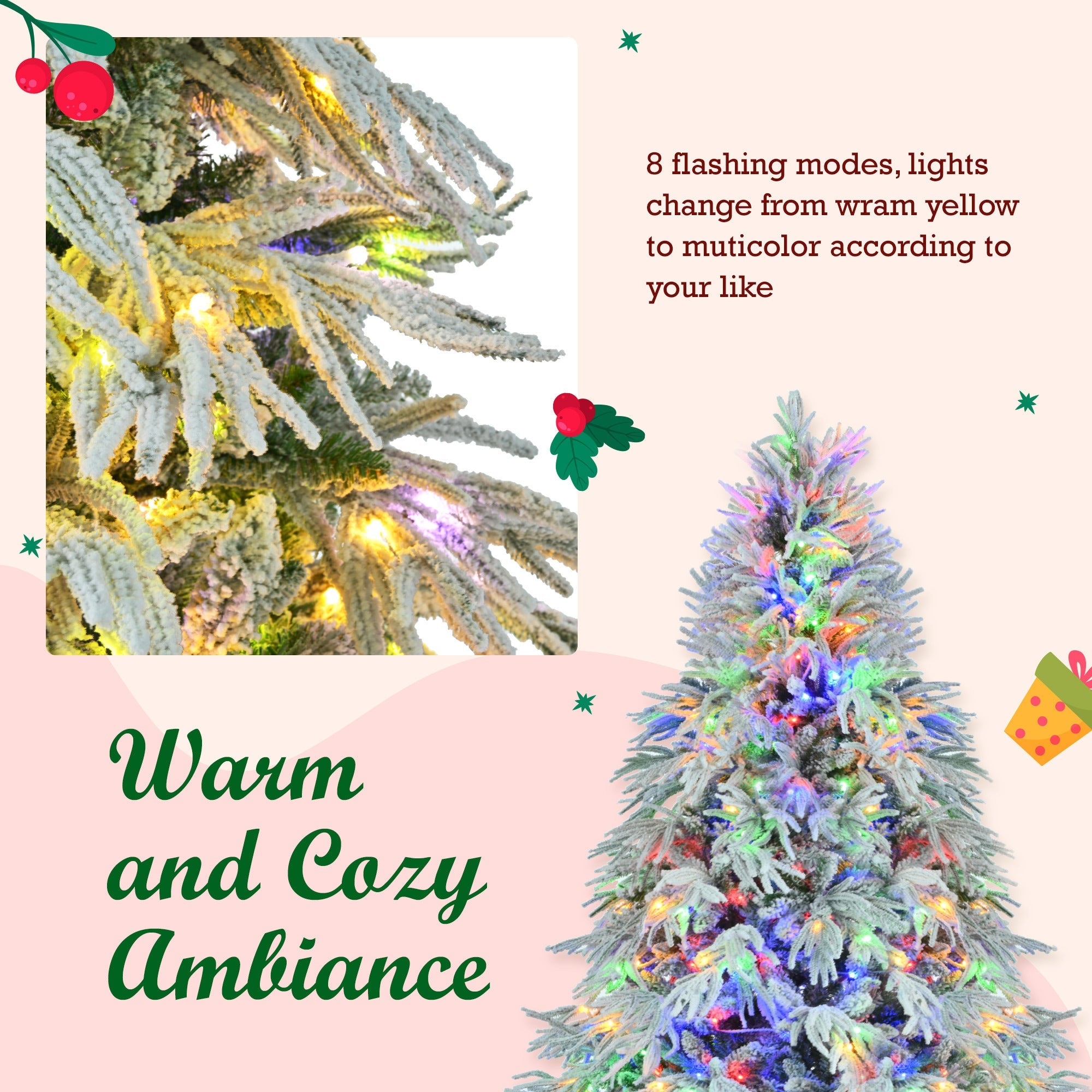 6FT Pre-Lit Spruce Snow Flocked Christmas Tree, Artificial Hinged Xmas Tree with 300 Multi-Color LED Lights