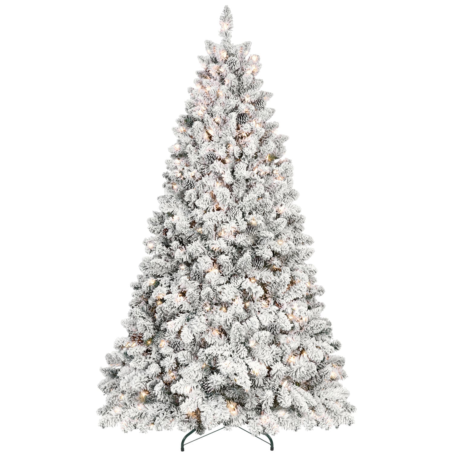 9FT Snow-Flocked Prelit Christmas Tree with Pine Cones & Metal Base.