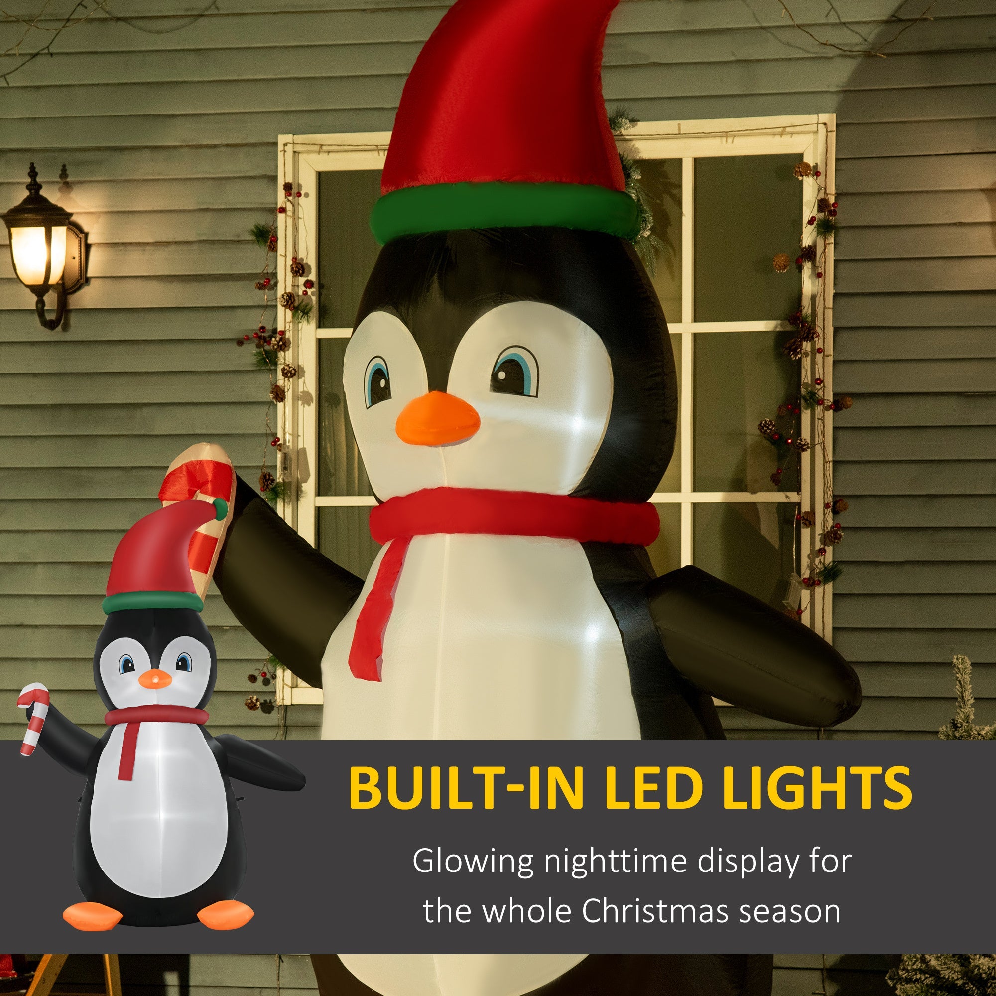 8ft   Penguin with Candy Cane, Blow-Up Yard  with LED Lights Display-Christmas Inflatable