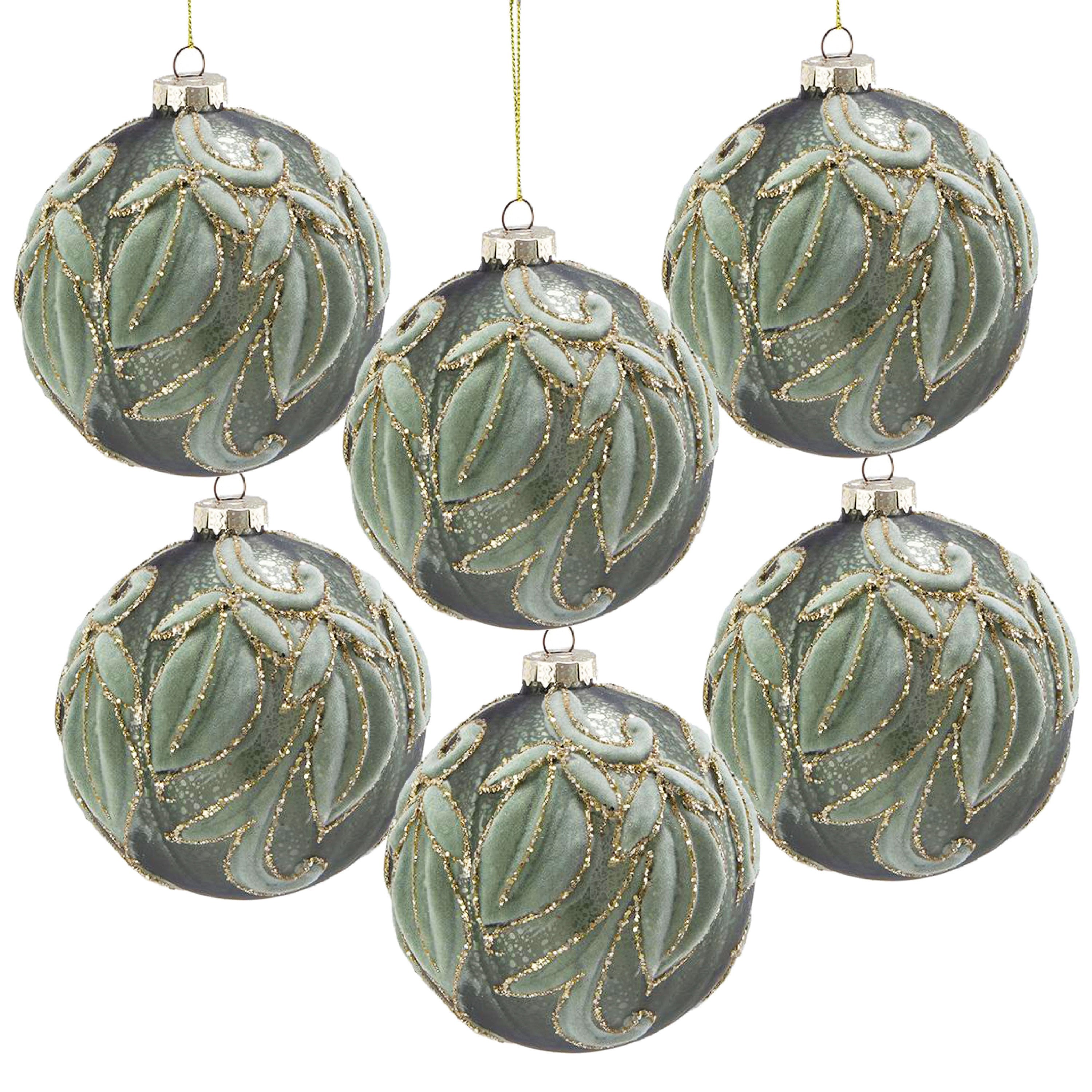 Green with Gold Flocking Christmas Ball Ornaments, Set of 6