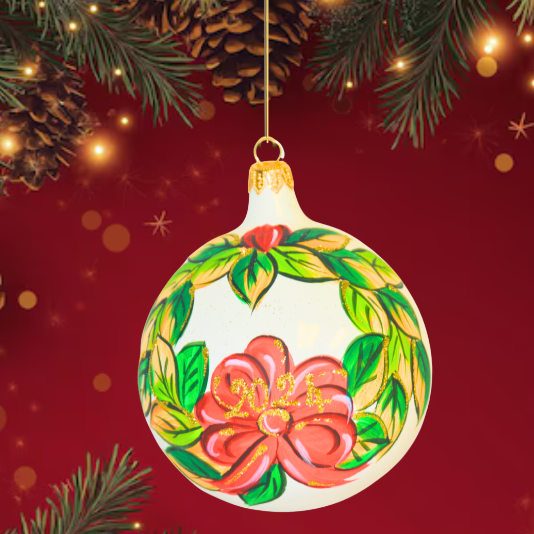 4" Hand Painted Italian Import Christmas Ornament-Red Poinsettias with Merry Christmas 2024