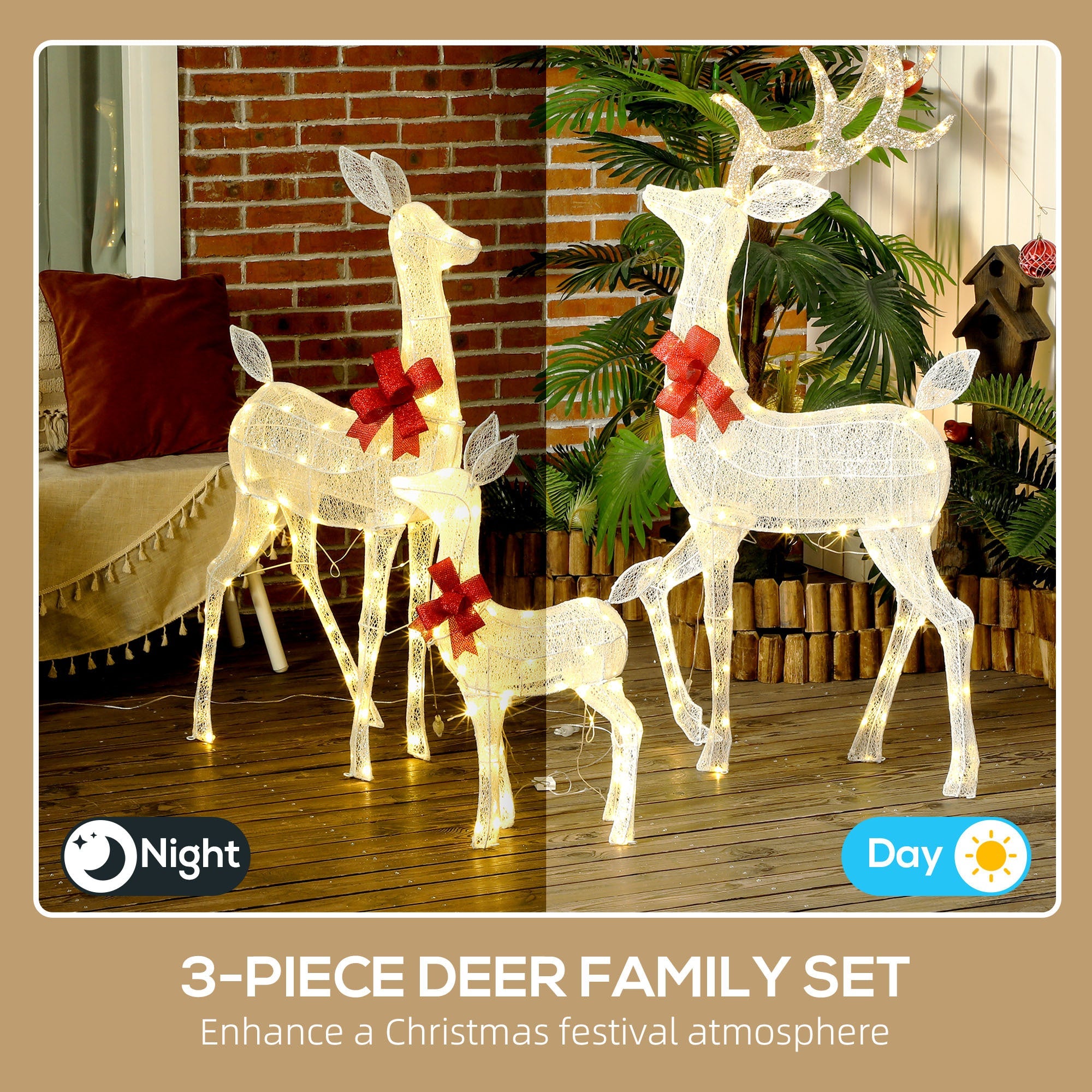 3-Piece Silver Light Up Christmas Deer Family Set of 3, with 2 LED Light Modes, Stakes, Zip Ties  Silver