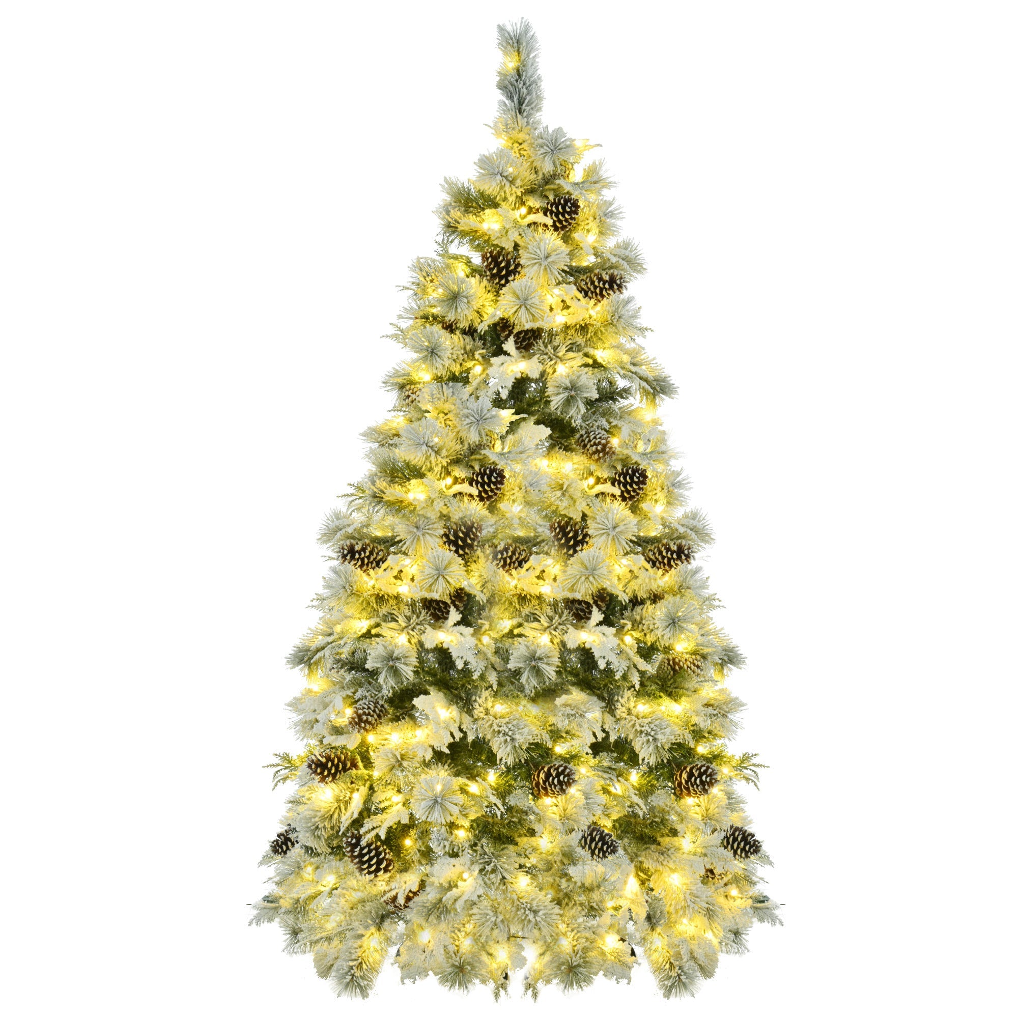 6FT Pre-Lit Spruce Snow Flocked Christmas Tree with Pine Cones, 250 Multi-Color LED Lights, 11 Flashing Modes,