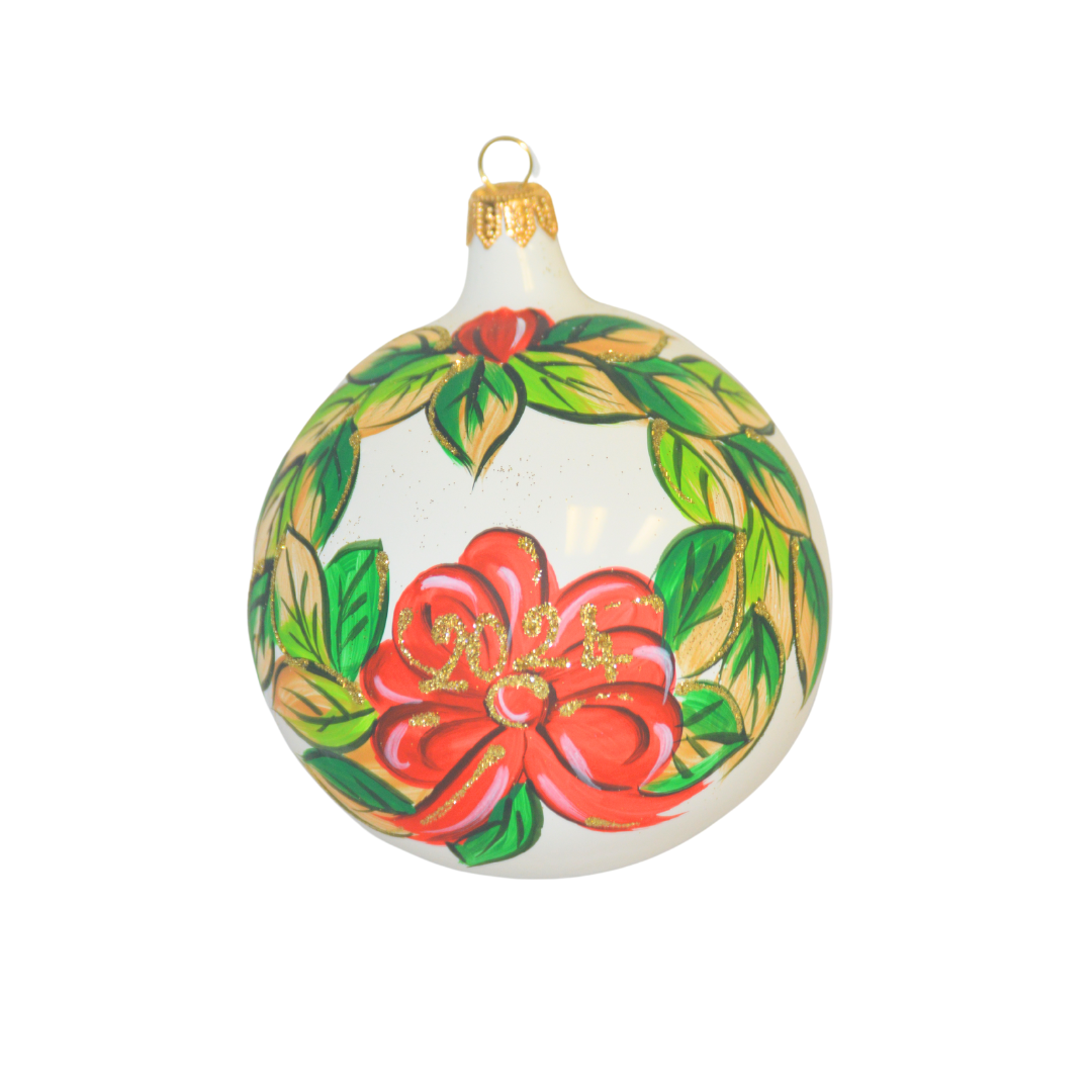 4" Hand Painted Italian Import Christmas Ornament-Red Poinsettias with Merry Christmas 2024