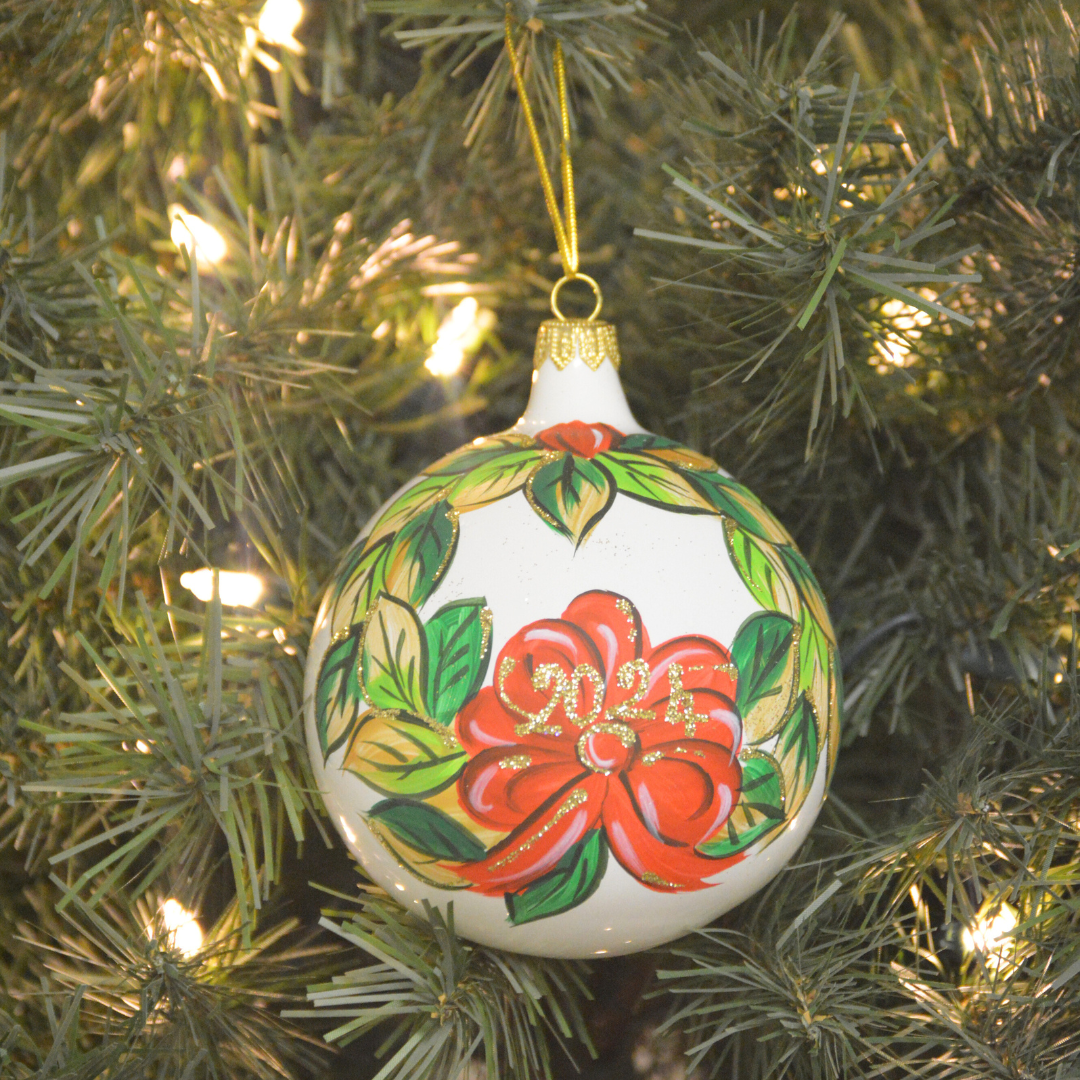 4" Hand Painted Italian Import Christmas Ornament-Red Poinsettias with Merry Christmas 2024