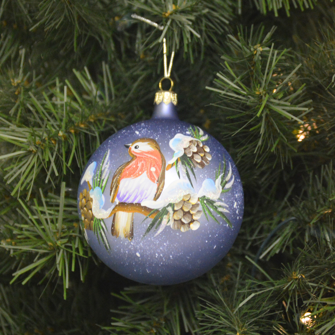 4" Hand Painted Italian Import Christmas Ornament- Woodland American Robin on Branch