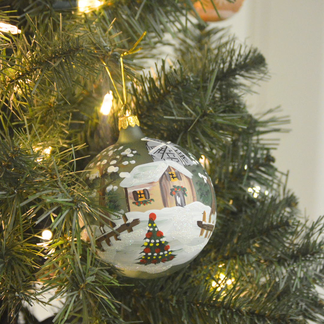 4" Hand Painted Italian Import Christmas Ornament- Snowy Country Home