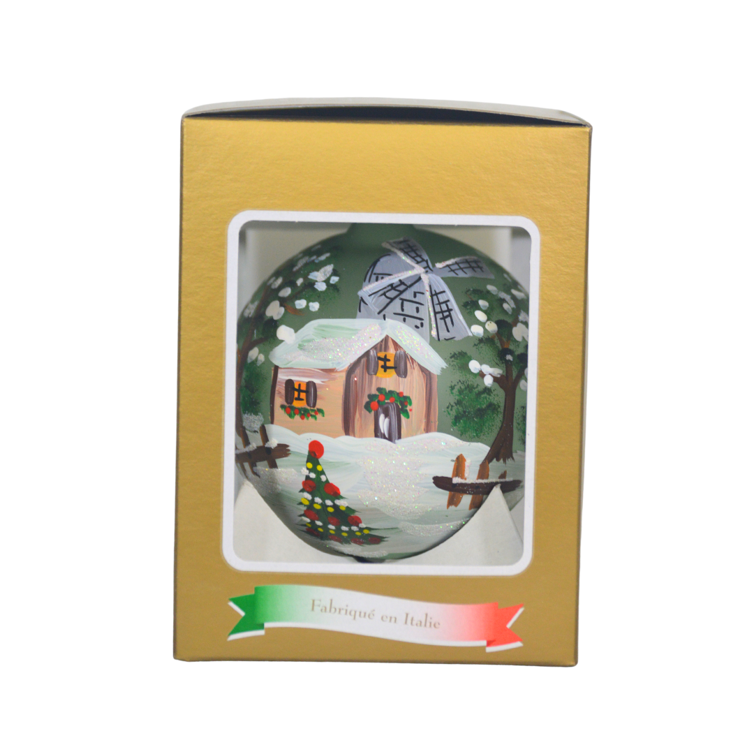 4" Hand Painted Italian Import Christmas Ornament- Snowy Country Home