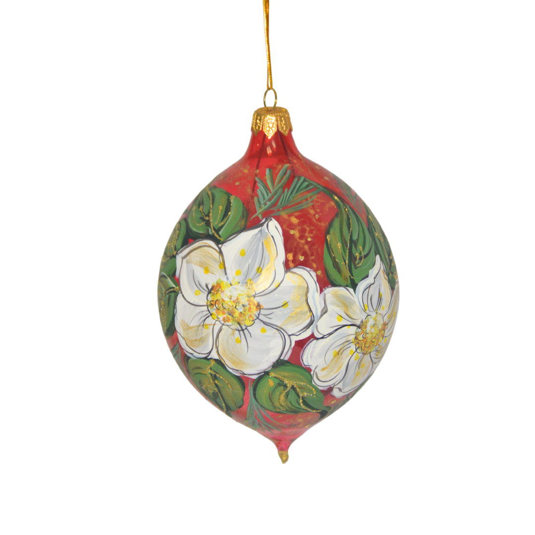 4" Hand Painted Italian Import Christmas Ornament- Festive White Holiday Flowers