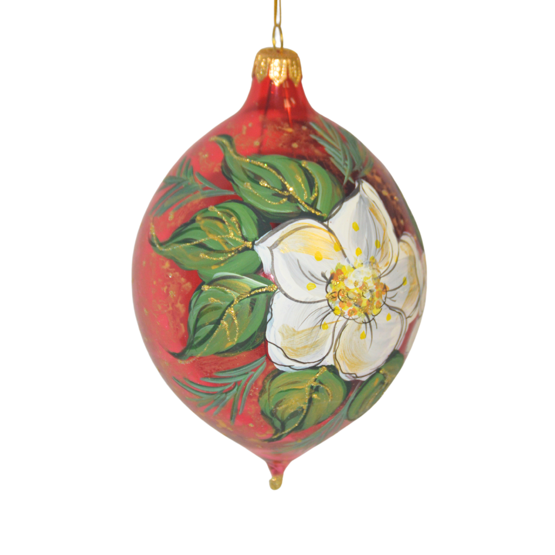 4" Hand Painted Italian Import Christmas Ornament- Festive White Holiday Flowers