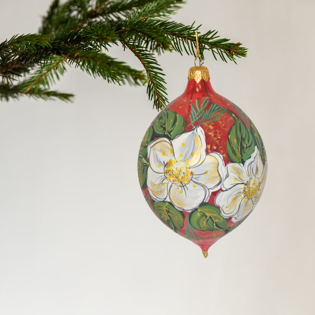 4" Hand Painted Italian Import Christmas Ornament- Festive White Holiday Flowers