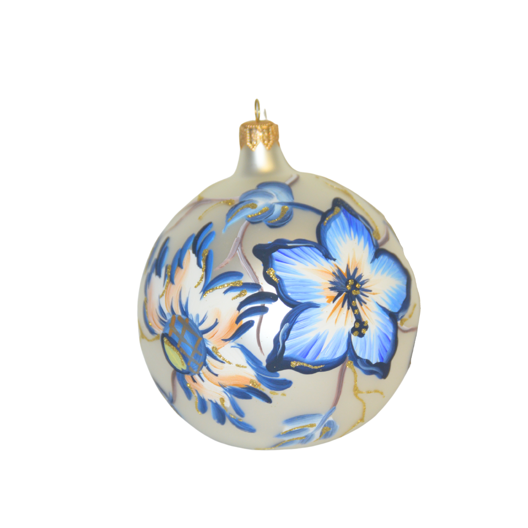 4" Hand Painted Italian Import Christmas Ornament- Beautiful Blue Holiday Flowers