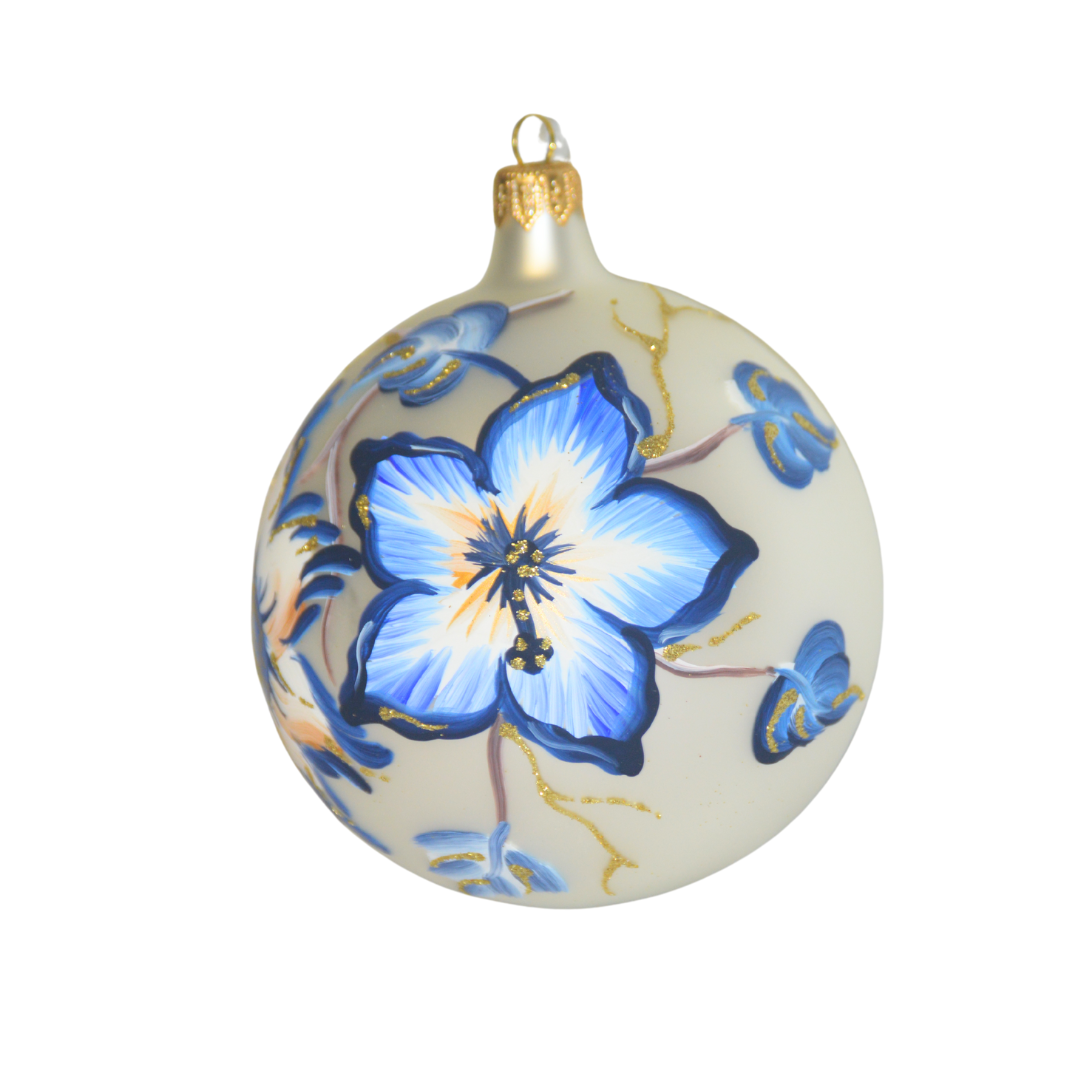 4" Hand Painted Italian Import Christmas Ornament- Beautiful Blue Holiday Flowers