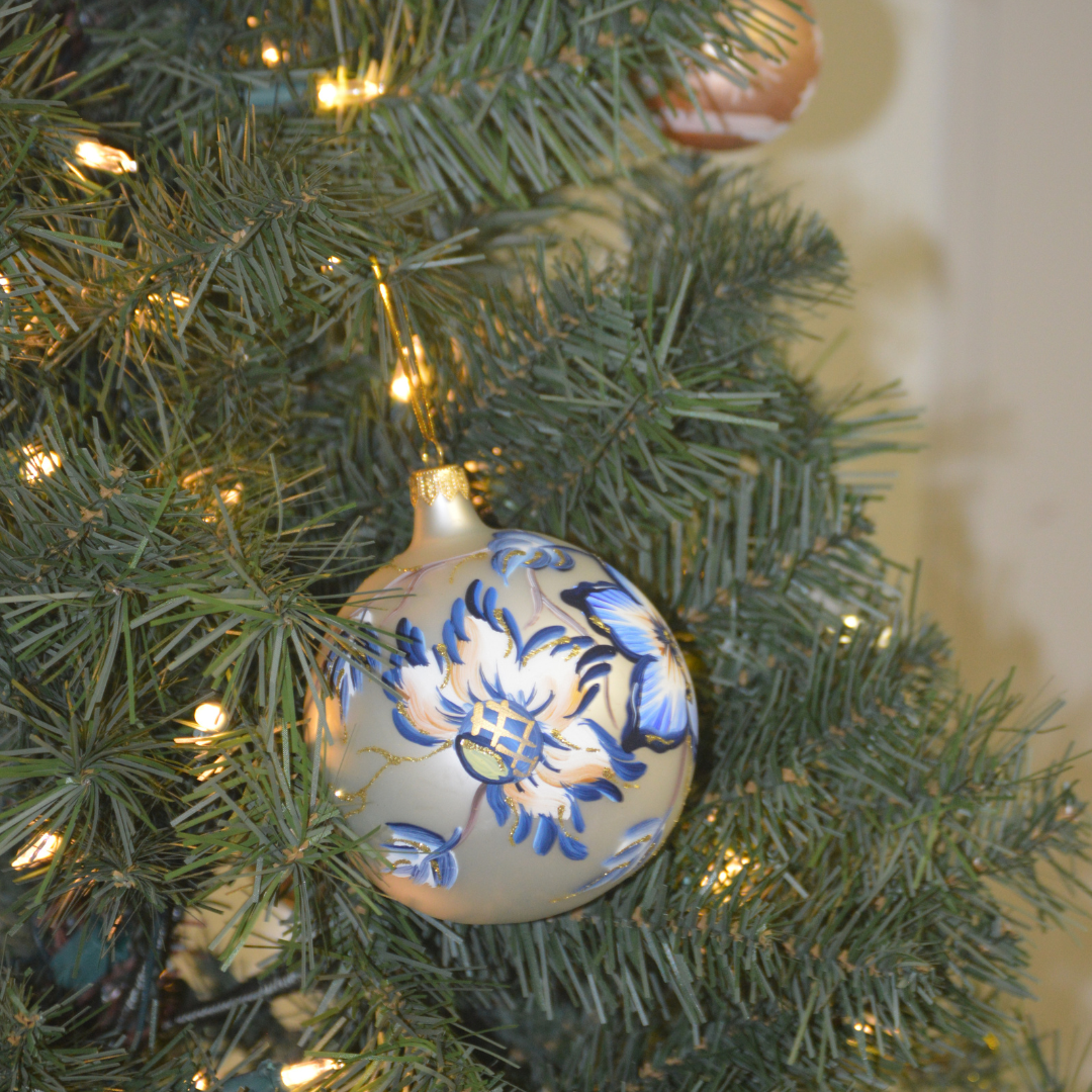 4" Hand Painted Italian Import Christmas Ornament- Beautiful Blue Holiday Flowers