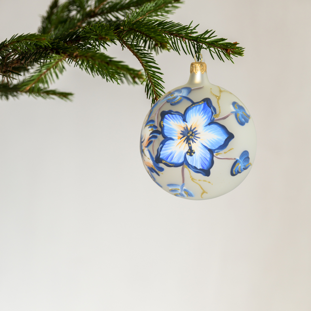 4" Hand Painted Italian Import Christmas Ornament- Beautiful Blue Holiday Flowers