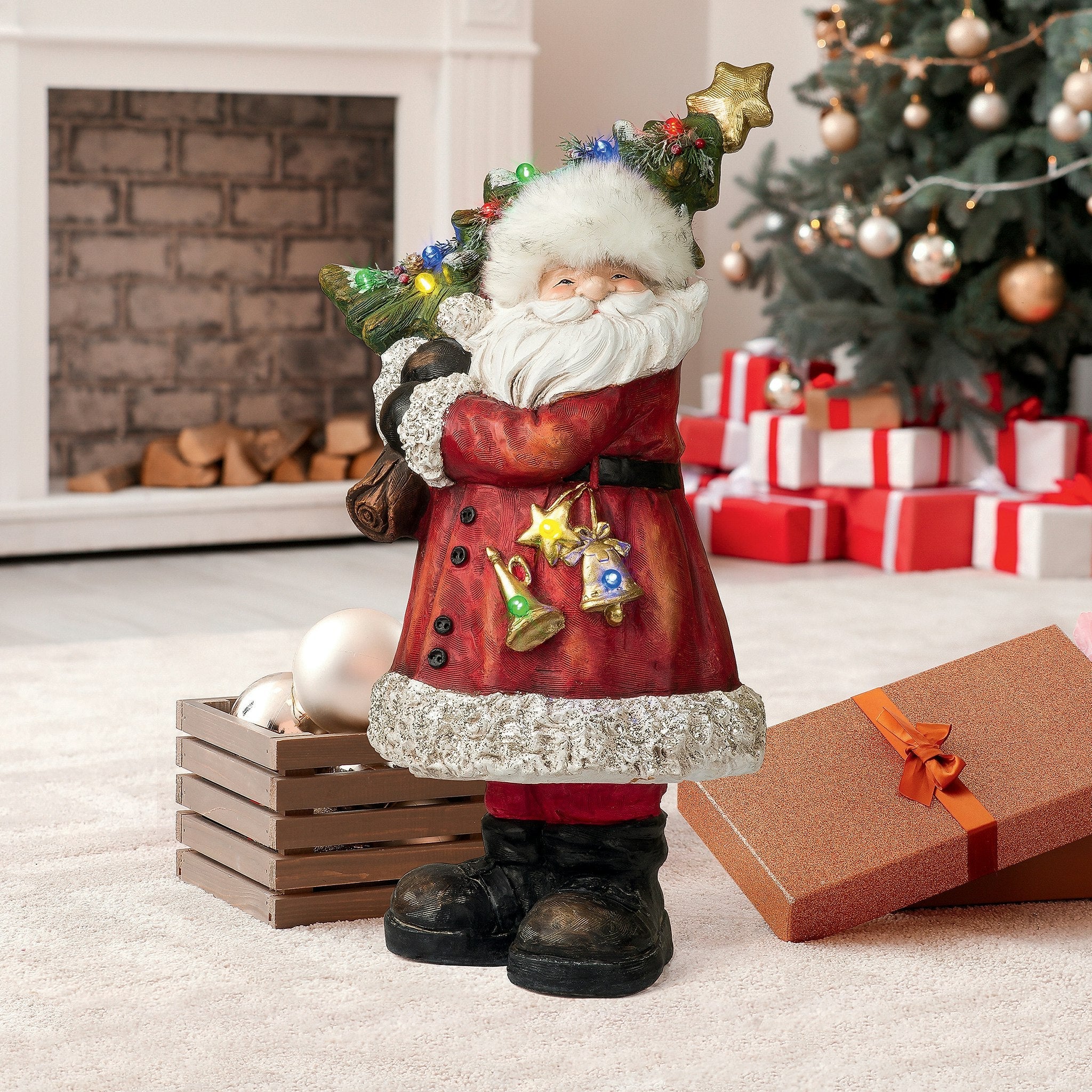 Santa with a Sparkling Christmas Tree Illuminated Holiday Statue