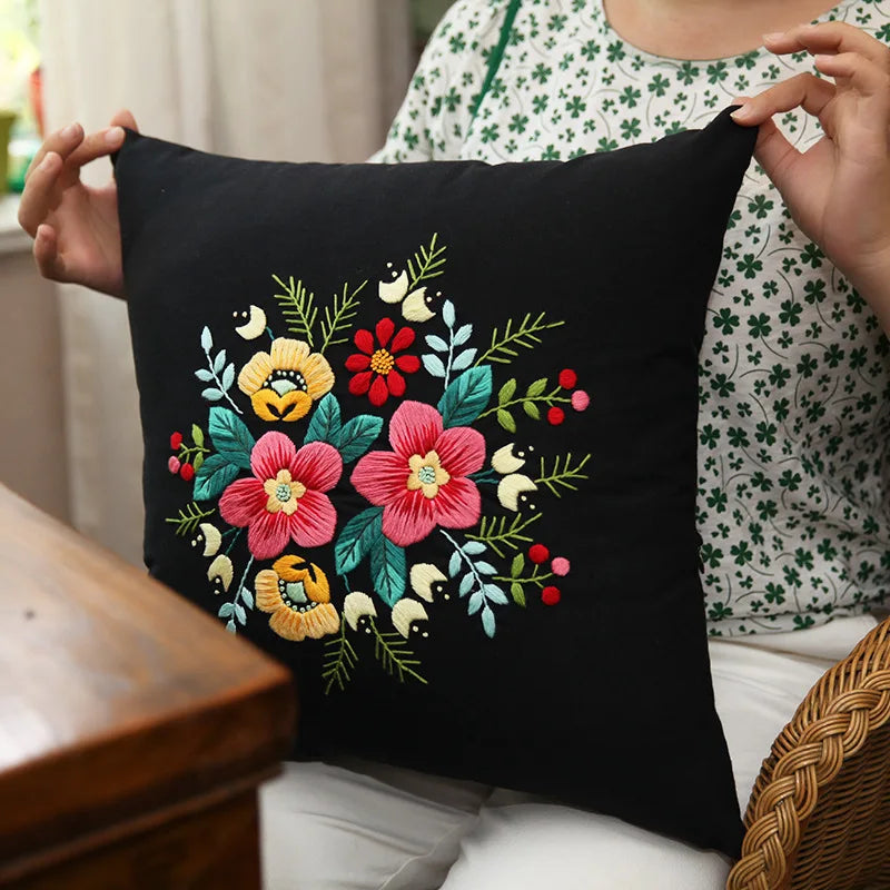 Unfinished DIY Embroidery Kit Pillow Cushion Case Flower Cross Stitch Set Needlework Handmade Sewing Art Craft Gift Home Decor