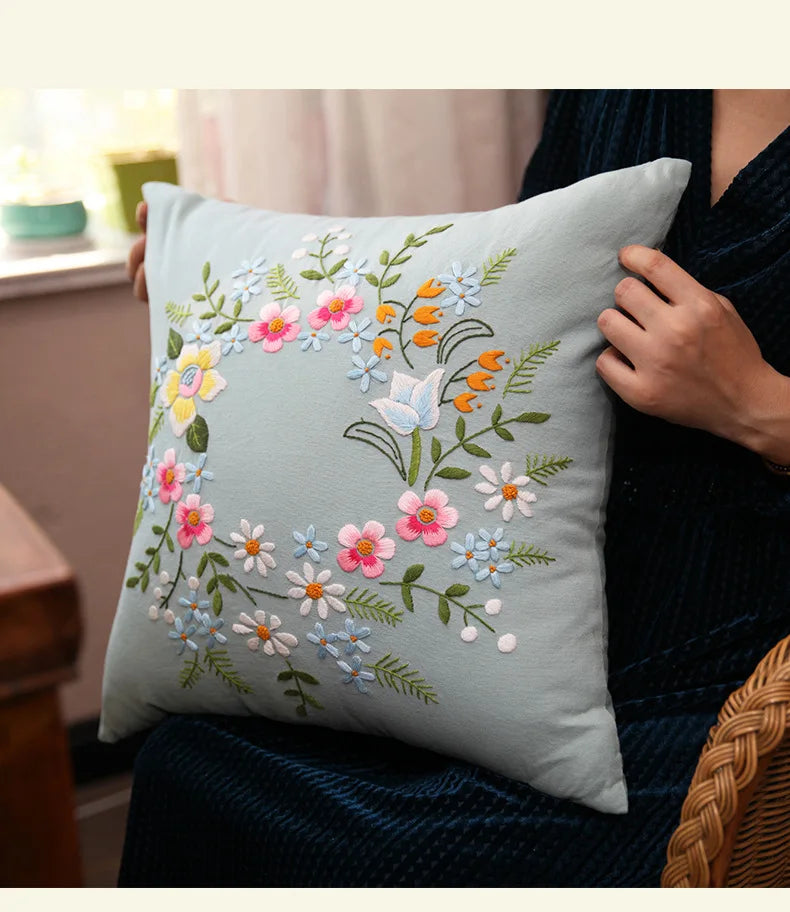 Unfinished DIY Embroidery Kit Pillow Cushion Case Flower Cross Stitch Set Needlework Handmade Sewing Art Craft Gift Home Decor