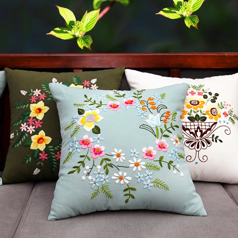 Unfinished DIY Embroidery Kit Pillow Cushion Case Flower Cross Stitch Set Needlework Handmade Sewing Art Craft Gift Home Decor