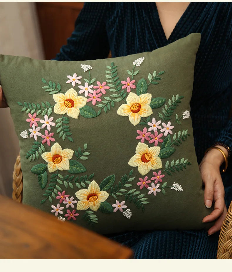 Unfinished DIY Embroidery Kit Pillow Cushion Case Flower Cross Stitch Set Needlework Handmade Sewing Art Craft Gift Home Decor