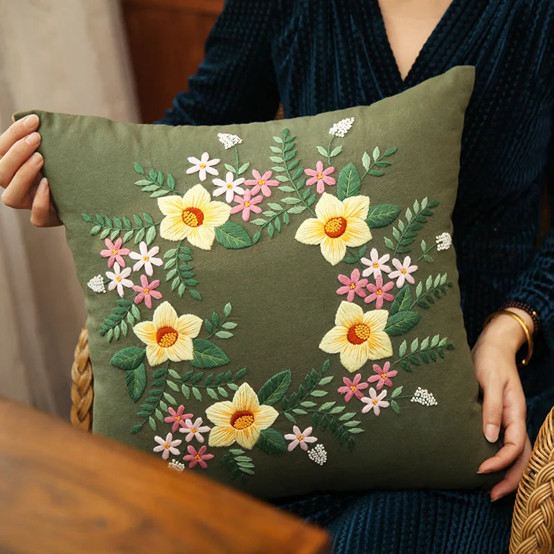 Unfinished DIY Embroidery Kit Pillow Cushion Case Flower Cross Stitch Set Needlework Handmade Sewing Art Craft Gift Home Decor