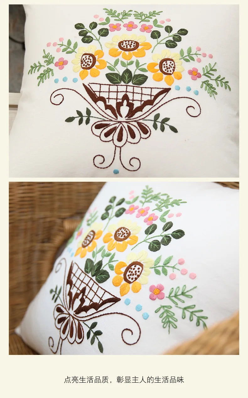 Unfinished DIY Embroidery Kit Pillow Cushion Case Flower Cross Stitch Set Needlework Handmade Sewing Art Craft Gift Home Decor