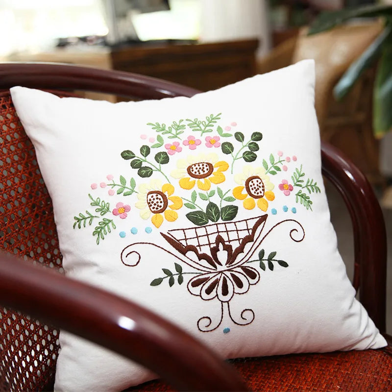 Unfinished DIY Embroidery Kit Pillow Cushion Case Flower Cross Stitch Set Needlework Handmade Sewing Art Craft Gift Home Decor