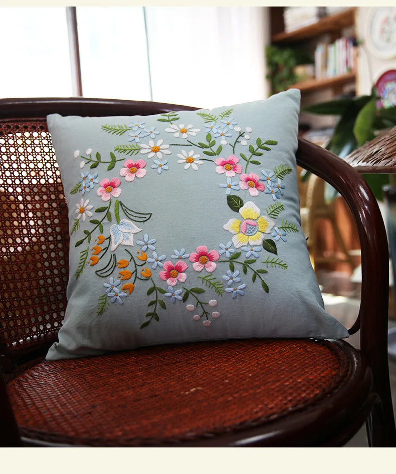 Unfinished DIY Embroidery Kit Pillow Cushion Case Flower Cross Stitch Set Needlework Handmade Sewing Art Craft Gift Home Decor