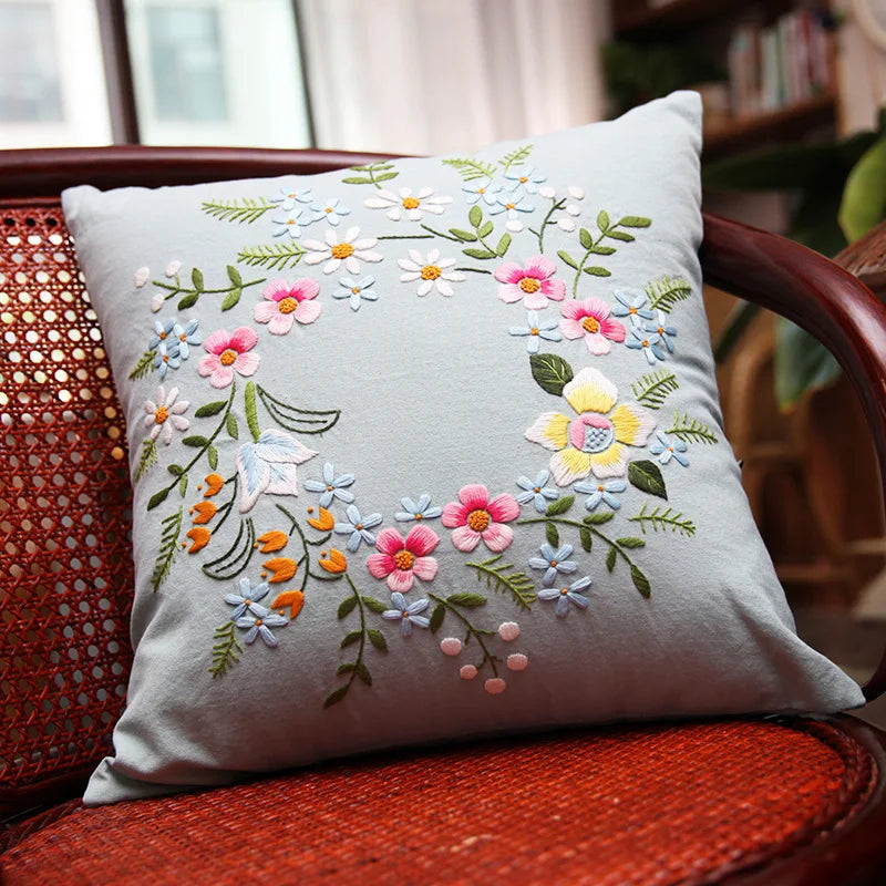 Unfinished DIY Embroidery Kit Pillow Cushion Case Flower Cross Stitch Set Needlework Handmade Sewing Art Craft Gift Home Decor