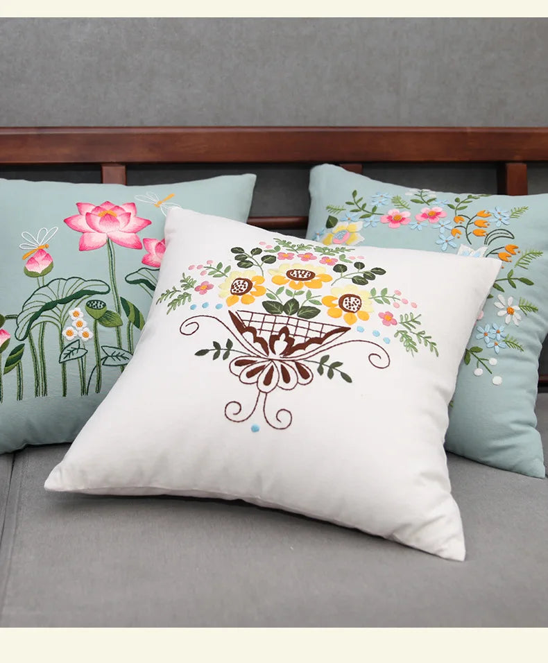 Unfinished DIY Embroidery Kit Pillow Cushion Case Flower Cross Stitch Set Needlework Handmade Sewing Art Craft Gift Home Decor