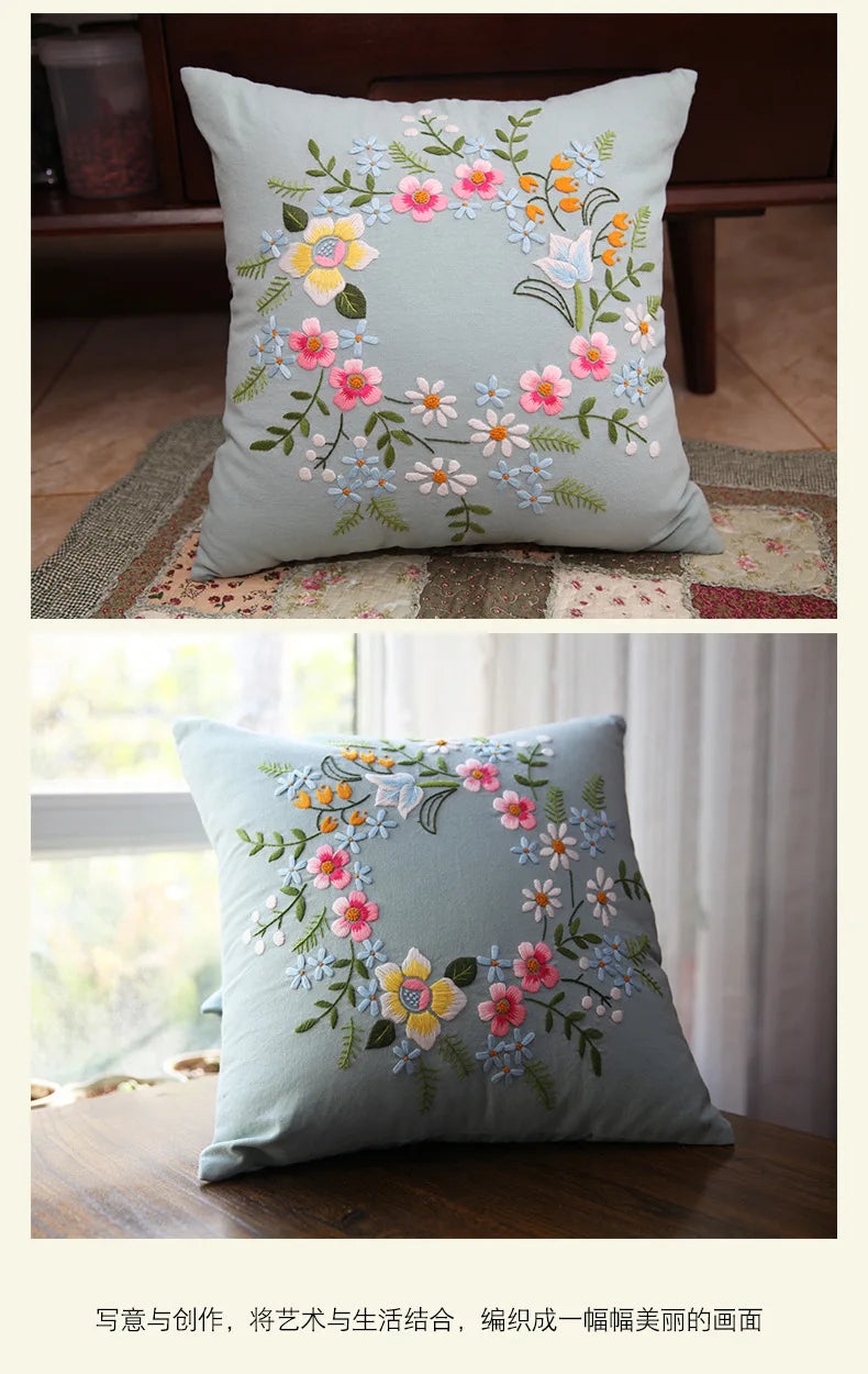 Unfinished DIY Embroidery Kit Pillow Cushion Case Flower Cross Stitch Set Needlework Handmade Sewing Art Craft Gift Home Decor