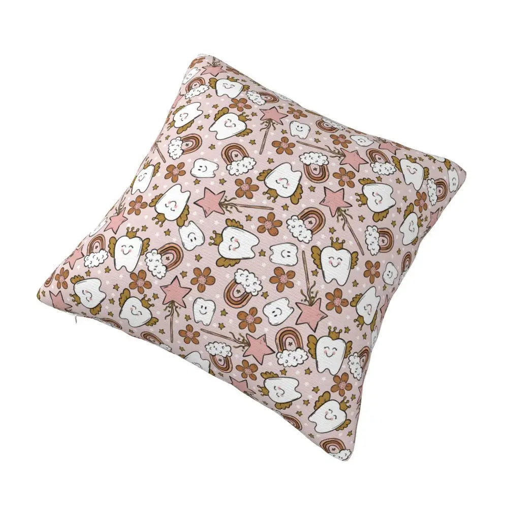 Custom Kawaii Tooth Fairy Pattern Teeth Pillow Case Care Dental Health Chair Cushion Cover Square Pillowcase