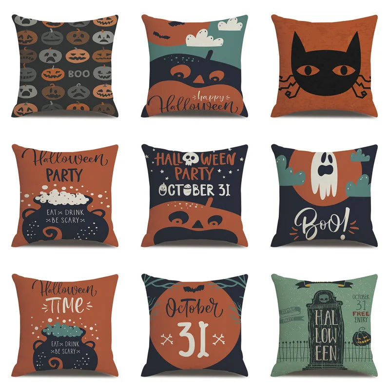 Linen Halloween Cat & Witch Pillow Cover